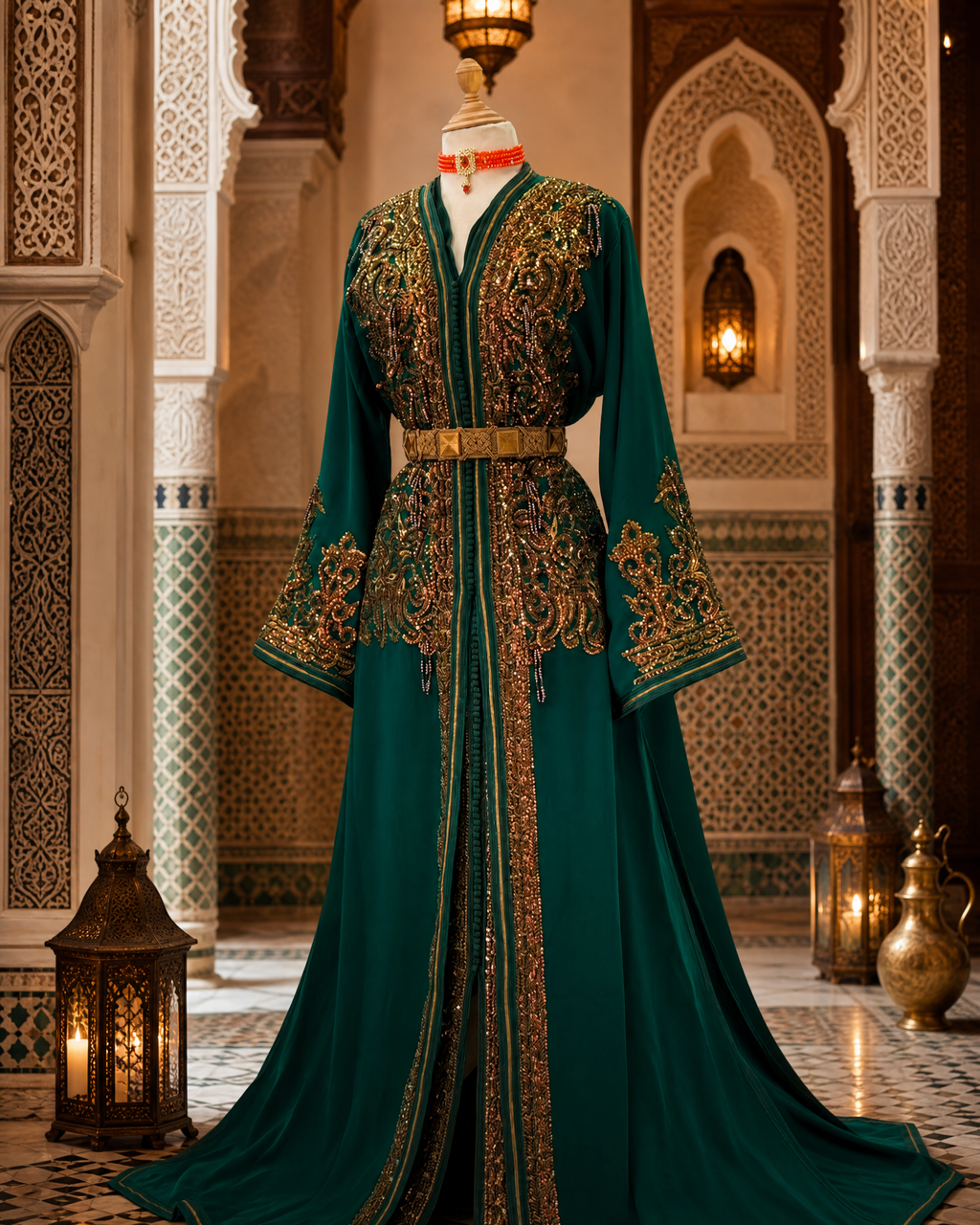Emerald Palace Kaftan — Moroccan Multi-Color with Gold Arabesque Embroidery