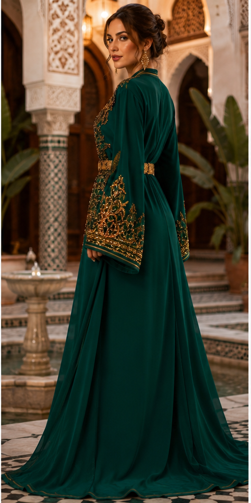 Emerald Palace Kaftan — Moroccan Multi-Color with Gold Arabesque Embroidery