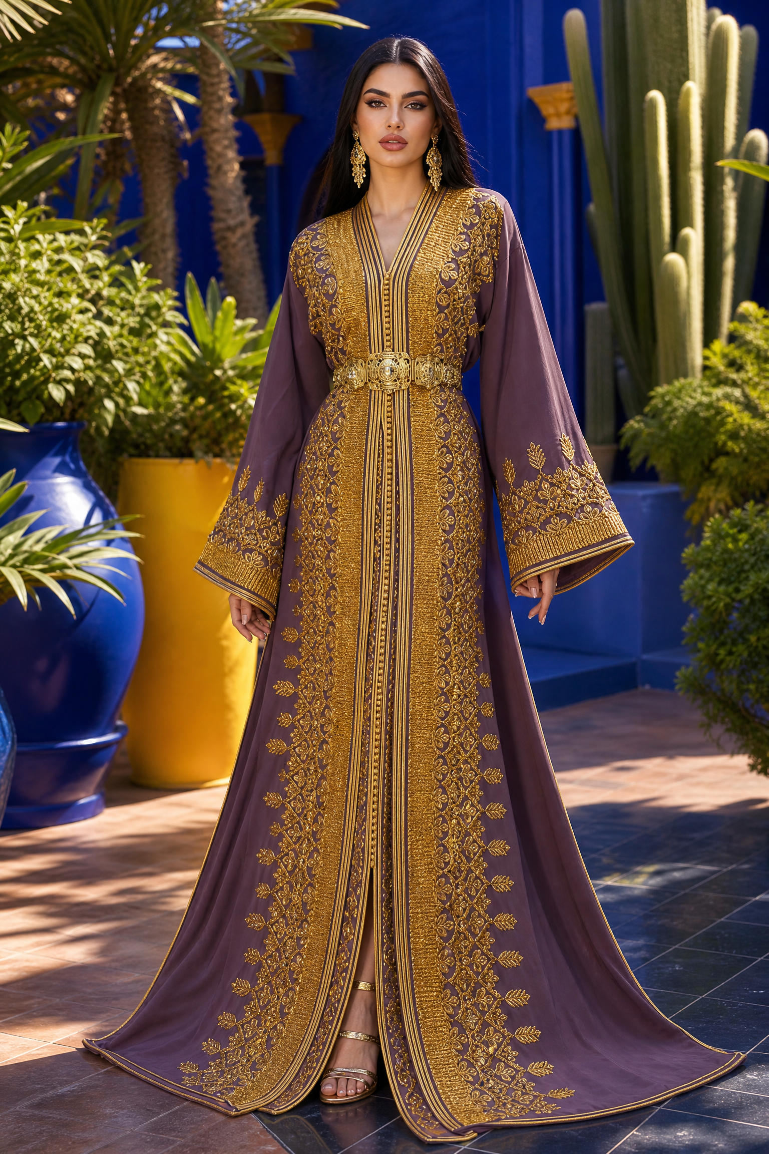 Mauve Royale Kaftan — Dusty Purple with Heavy Gold Arabesque Embroidery