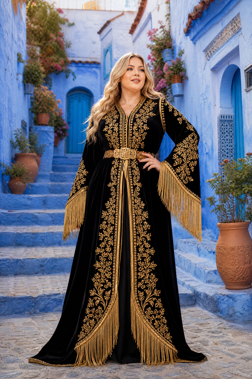 Midnight Black Fringe Kaftan — Handmade Moroccan Takchita