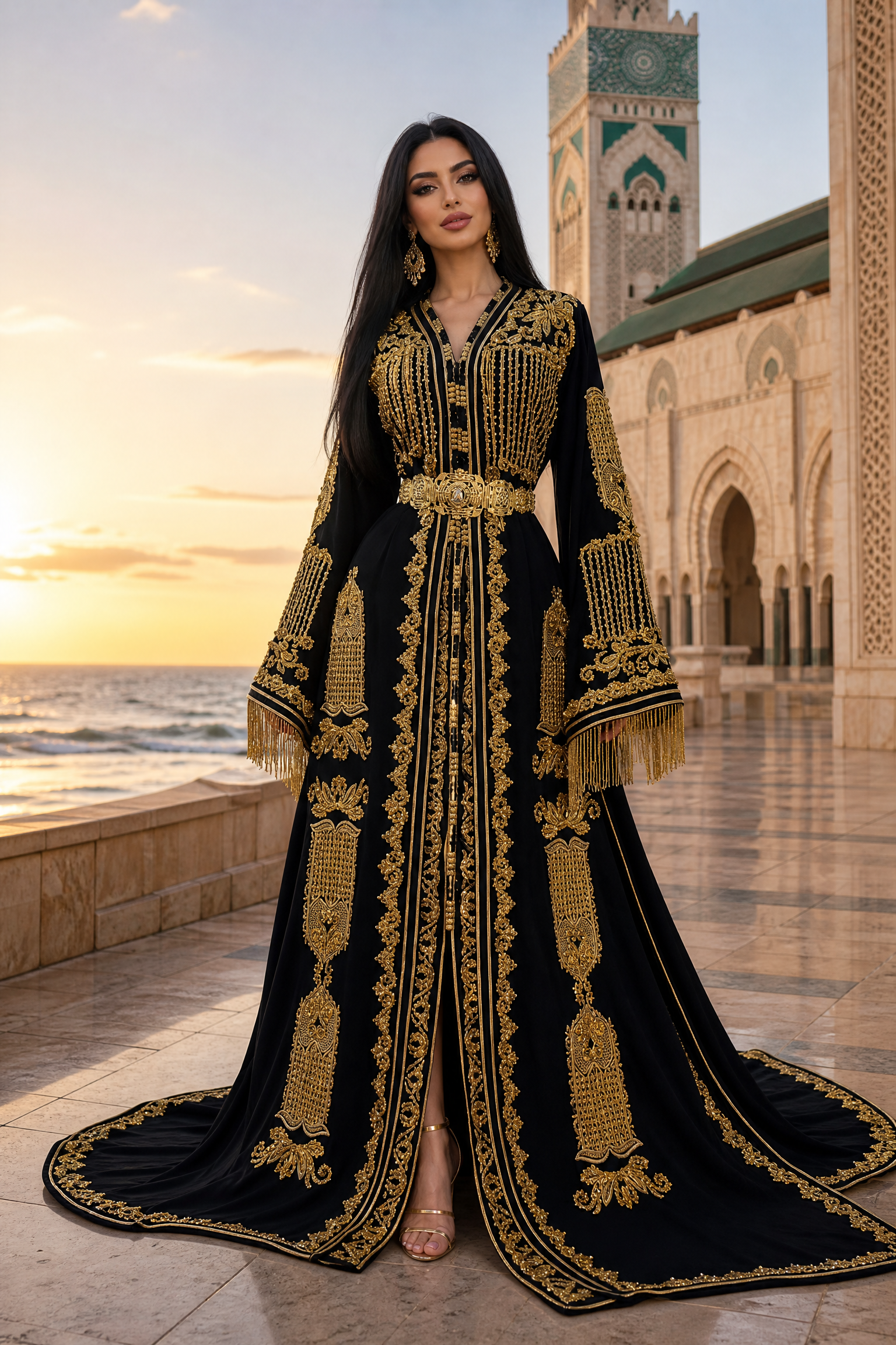 Black Tassel Kaftan — Moroccan Black Velvet with Gold Fringe & Bead Embroidery
