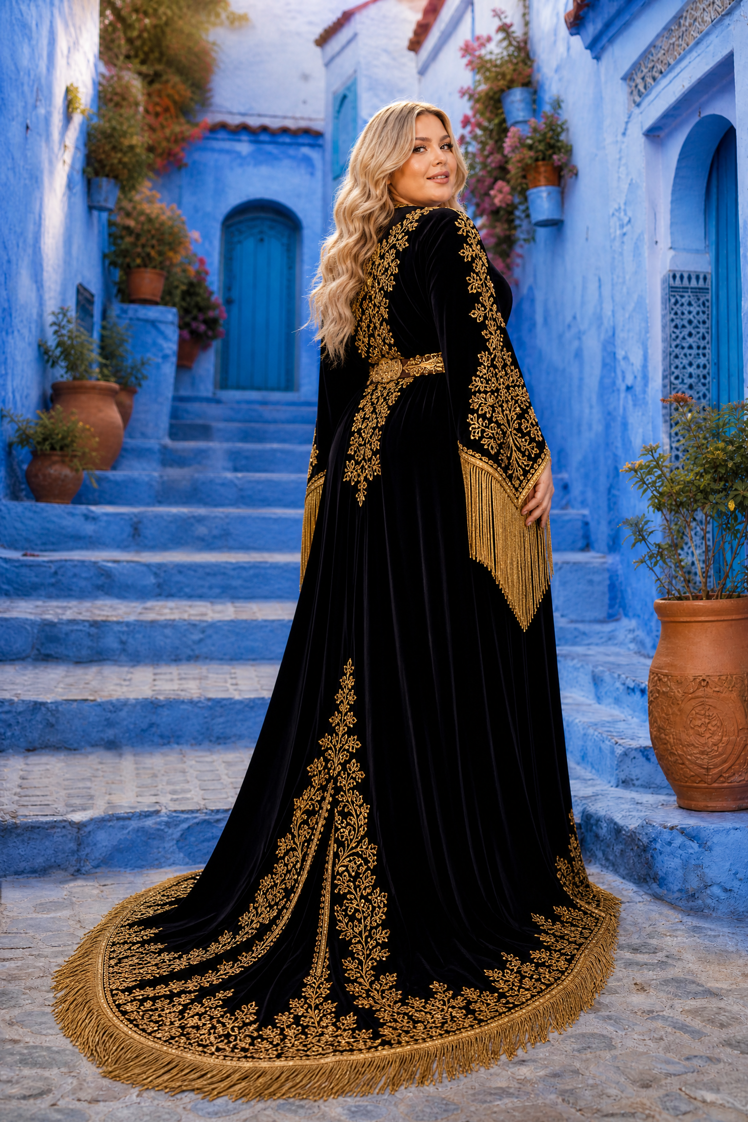 Midnight Black Fringe Kaftan — Handmade Moroccan Takchita