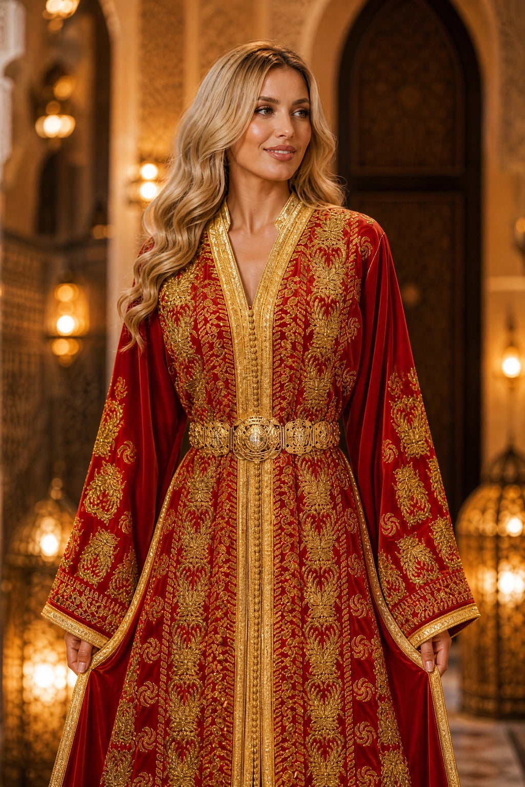 Royal Red Velvet Kaftan — Handmade Moroccan Bridal Takchita