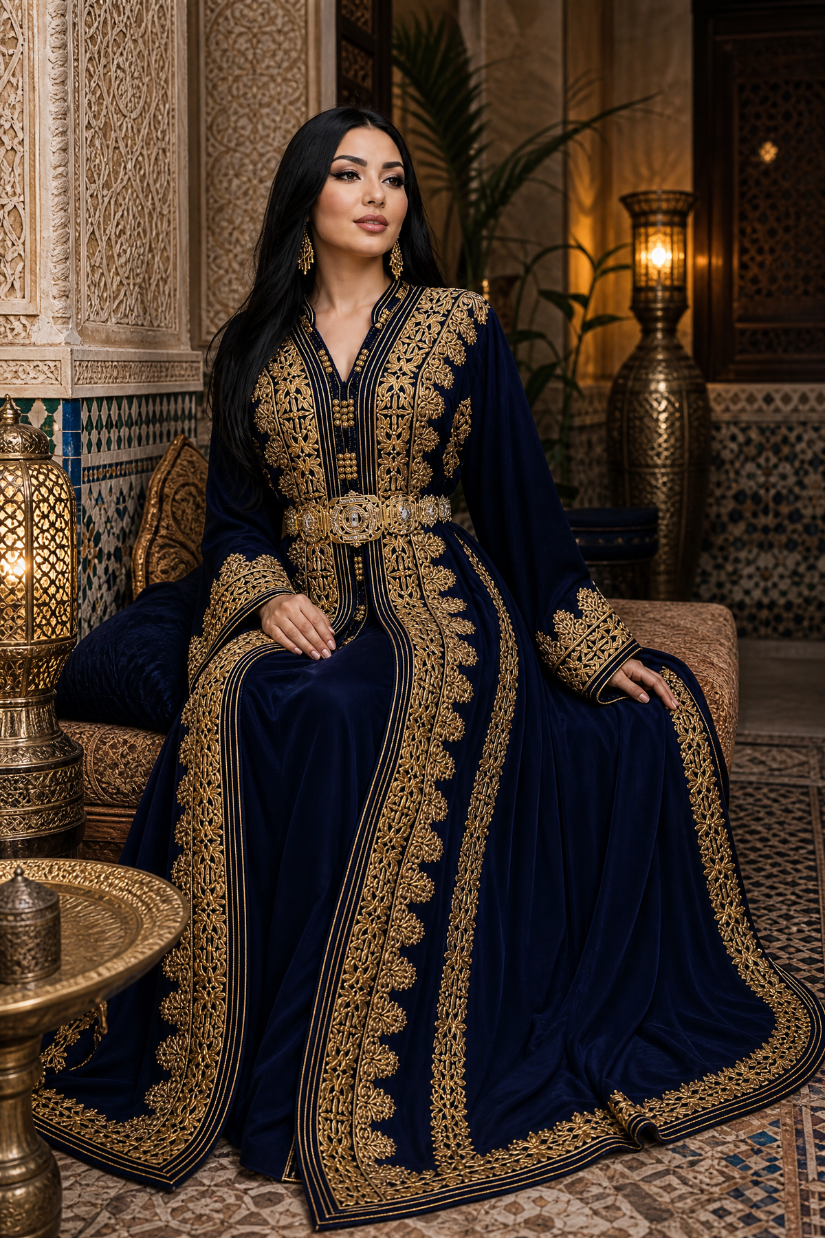 Midnight Navy Kaftan — Moroccan Blue Velvet with Gold Floral Embroidery