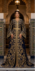 Midnight Bridal Kaftan — Moroccan Navy Velvet with Dense Gold Embroidery