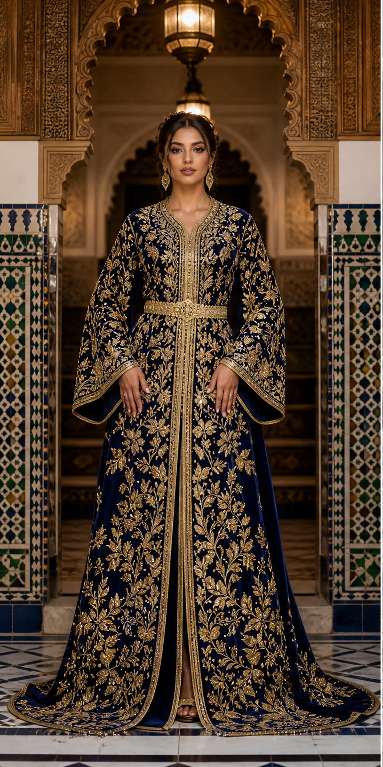 Midnight Bridal Kaftan — Moroccan Navy Velvet with Dense Gold Embroidery