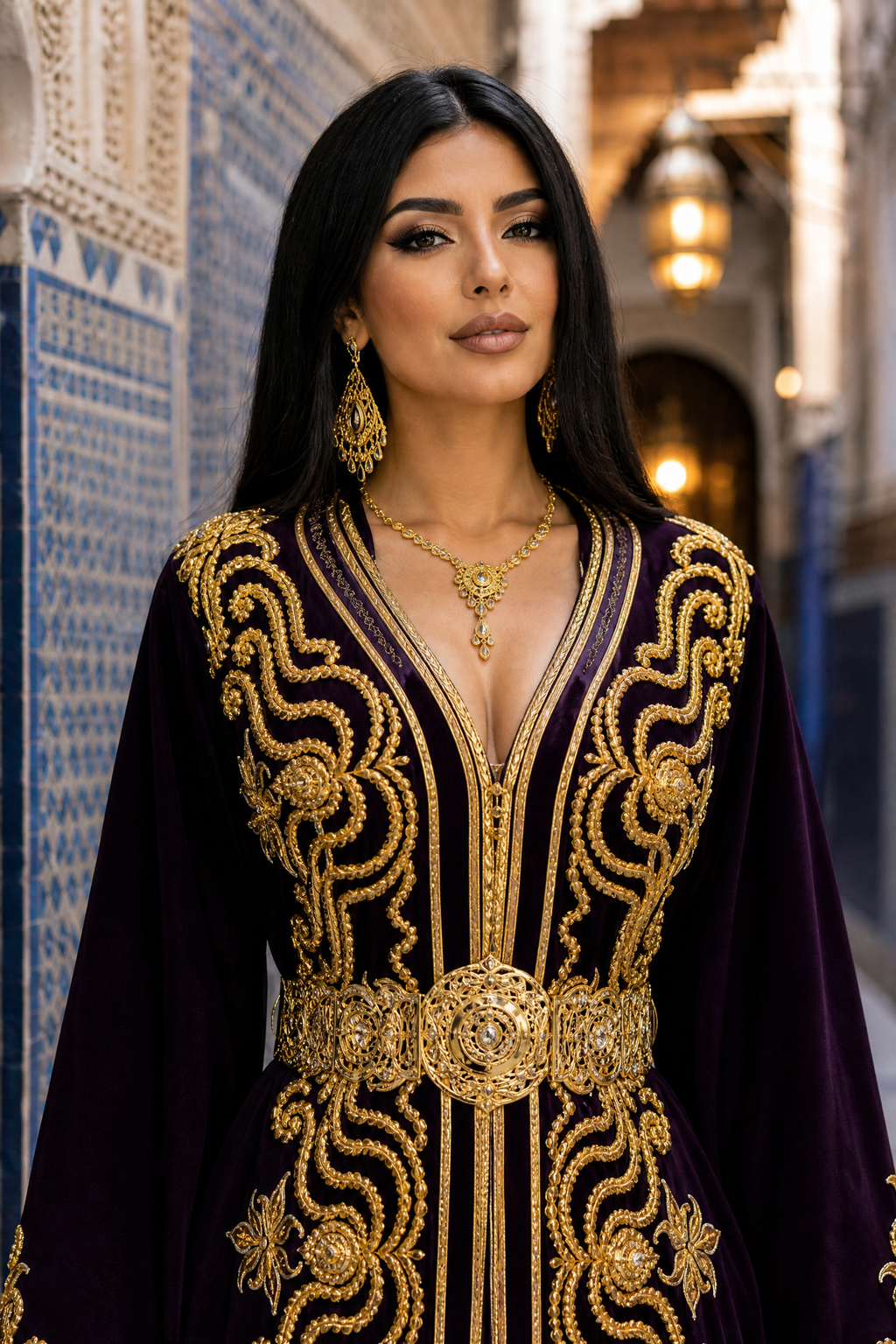 Amethyst Swirl Kaftan — Deep Purple Velvet with Gold Arabesque Embroidery