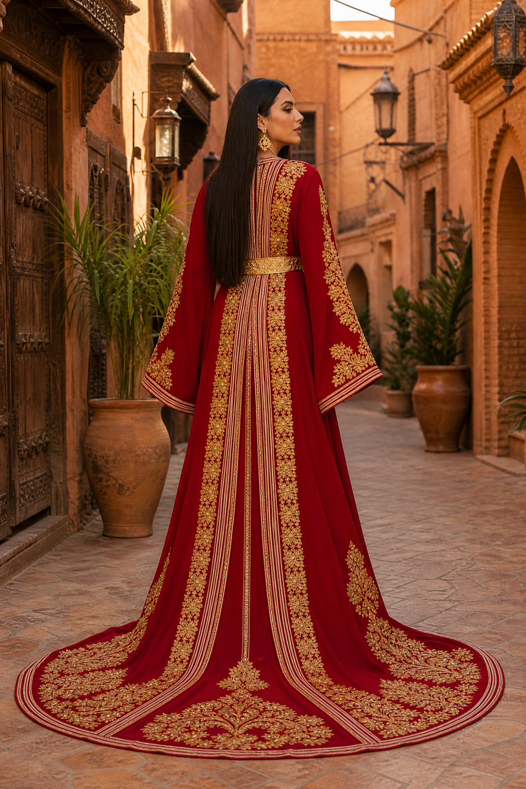 Crimson Stripe Kaftan — Moroccan Red with Gold Leaf Embroidery