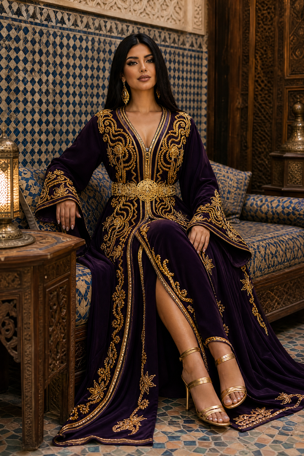 Amethyst Swirl Kaftan — Deep Purple Velvet with Gold Arabesque Embroidery