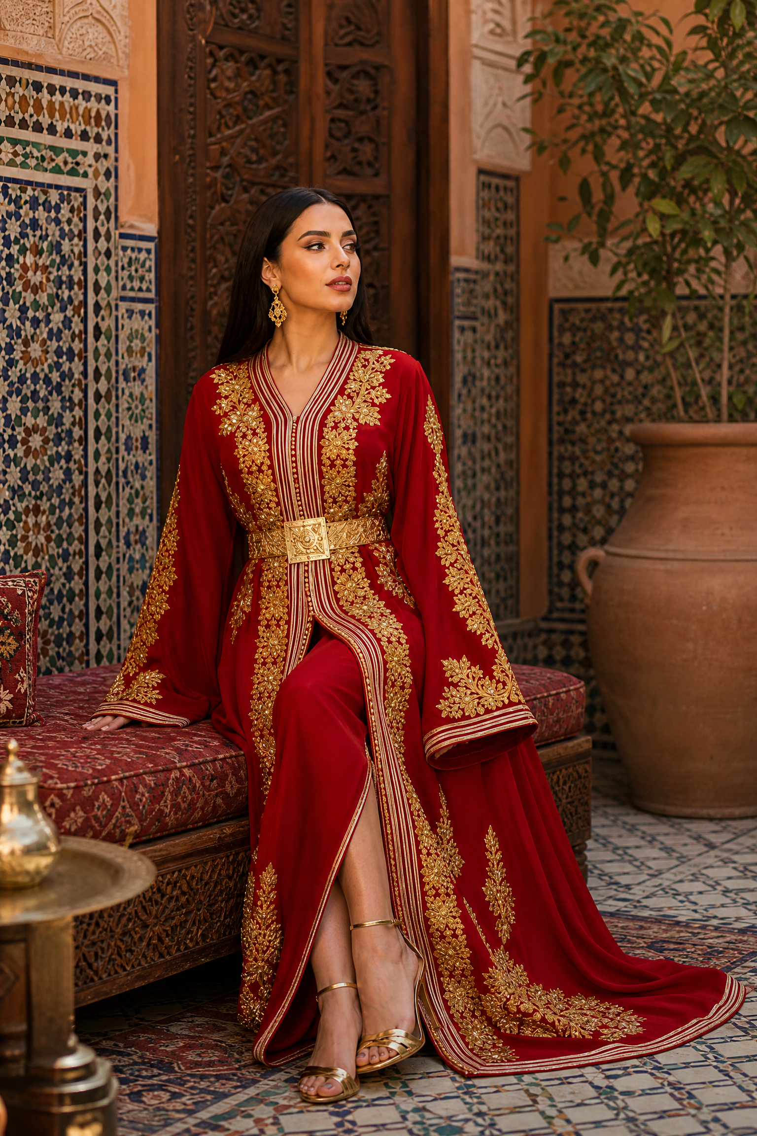 Crimson Stripe Kaftan — Moroccan Red with Gold Leaf Embroidery
