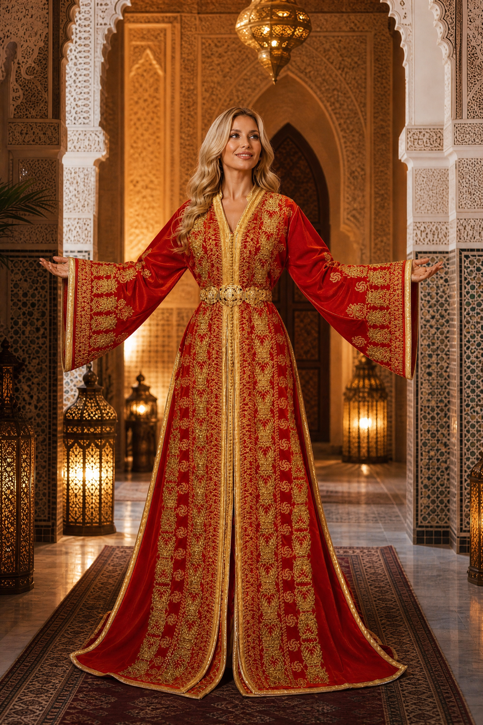 Royal Red Velvet Kaftan — Handmade Moroccan Bridal Takchita