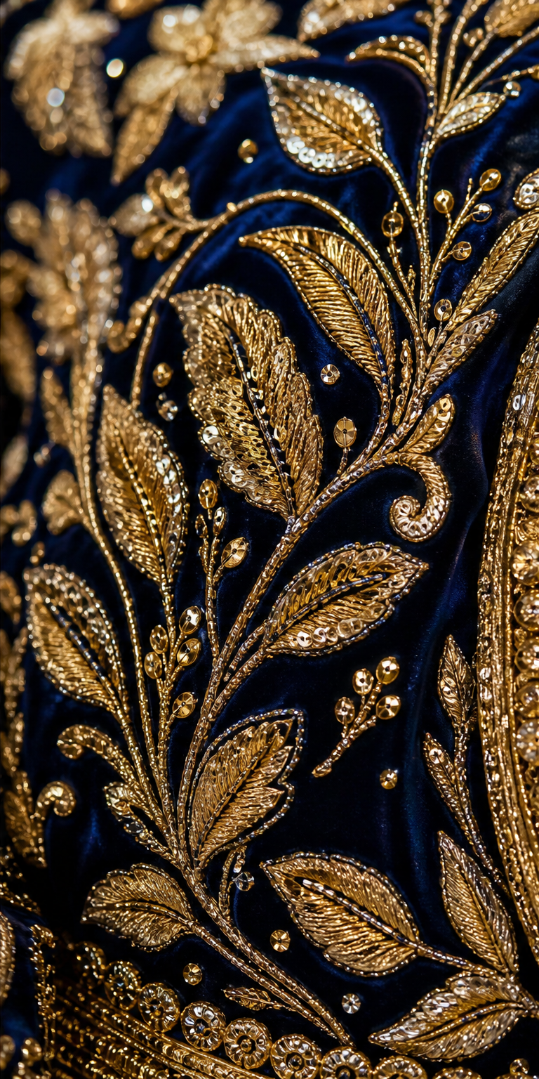 Midnight Bridal Kaftan — Moroccan Navy Velvet with Dense Gold Embroidery