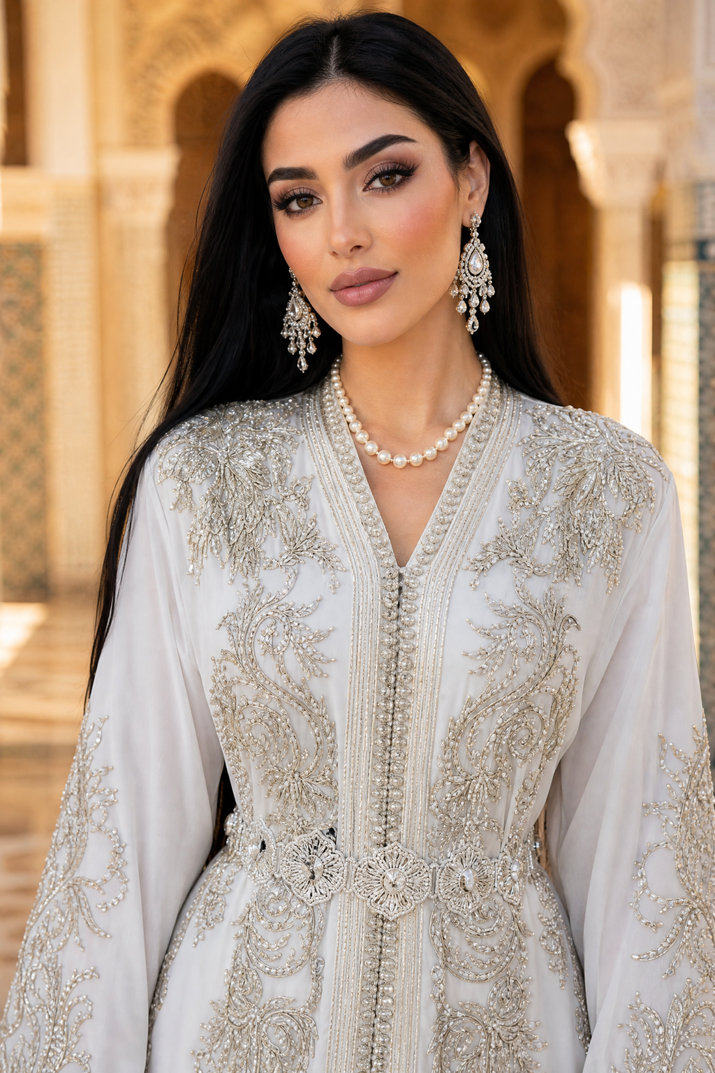 Ivory Palace Kaftan — White Moroccan Bridal with Silver Gold Scroll Embroidery