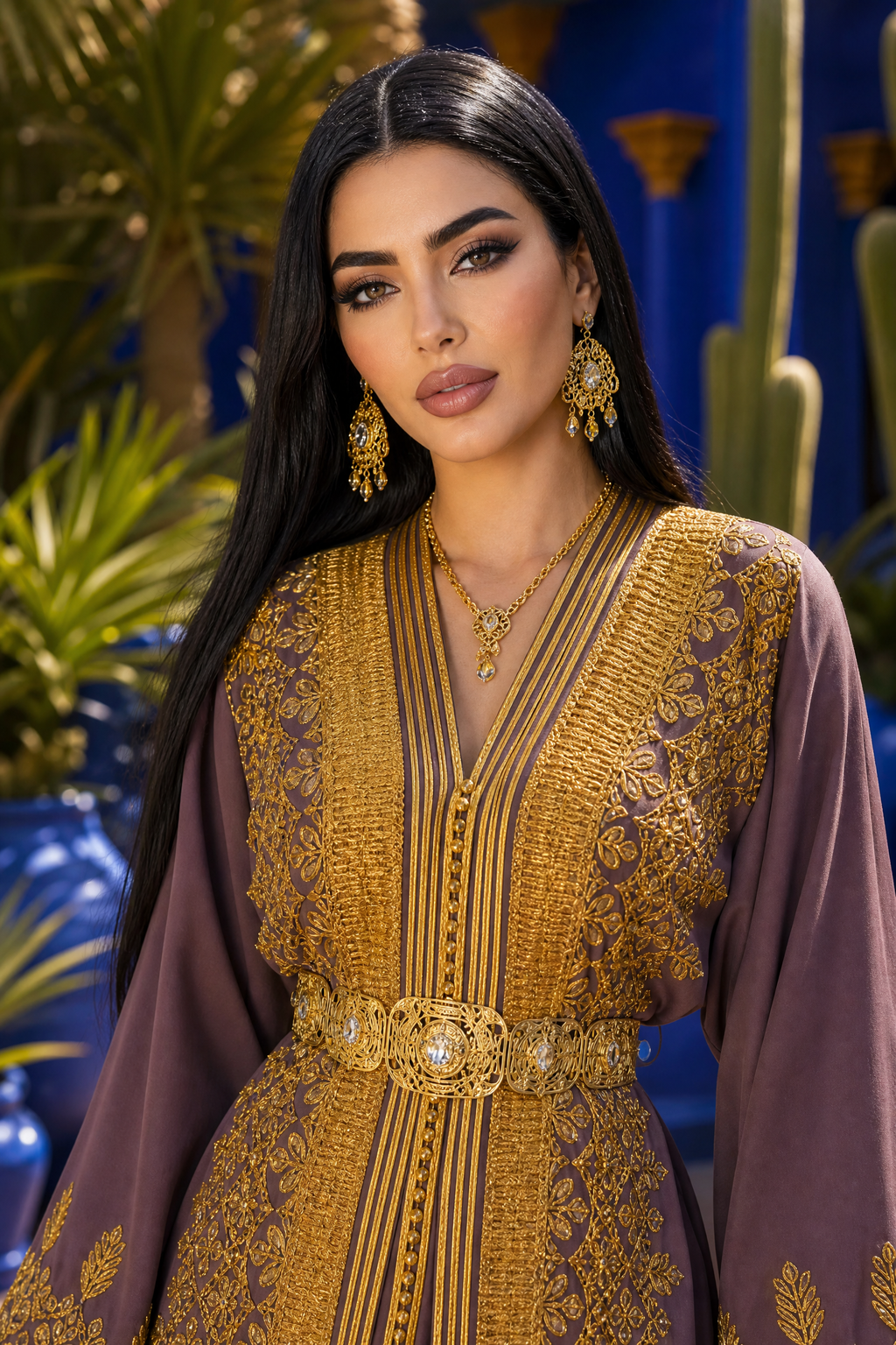 Mauve Royale Kaftan — Dusty Purple with Heavy Gold Arabesque Embroidery
