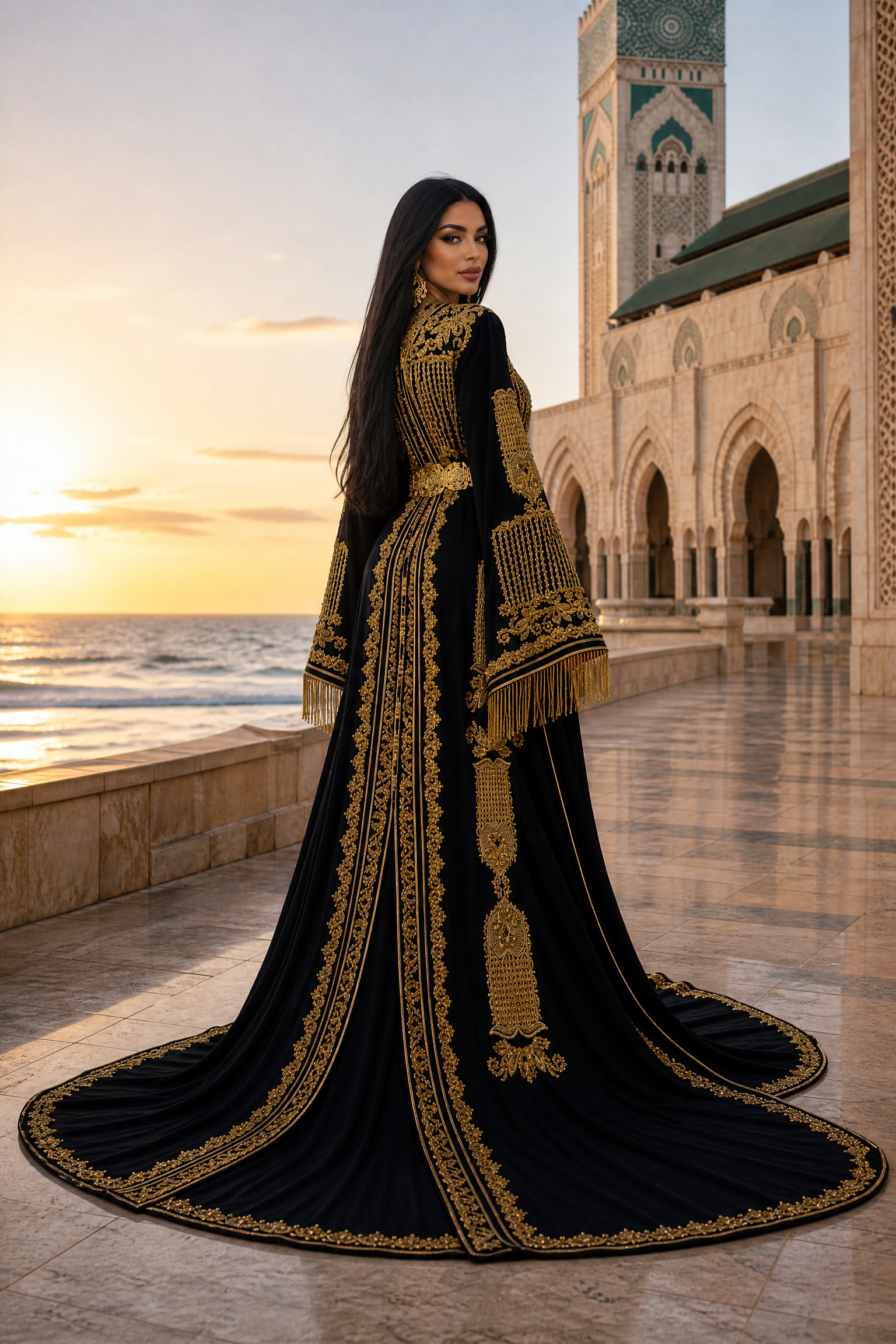 Black Tassel Kaftan — Moroccan Black Velvet with Gold Fringe & Bead Embroidery