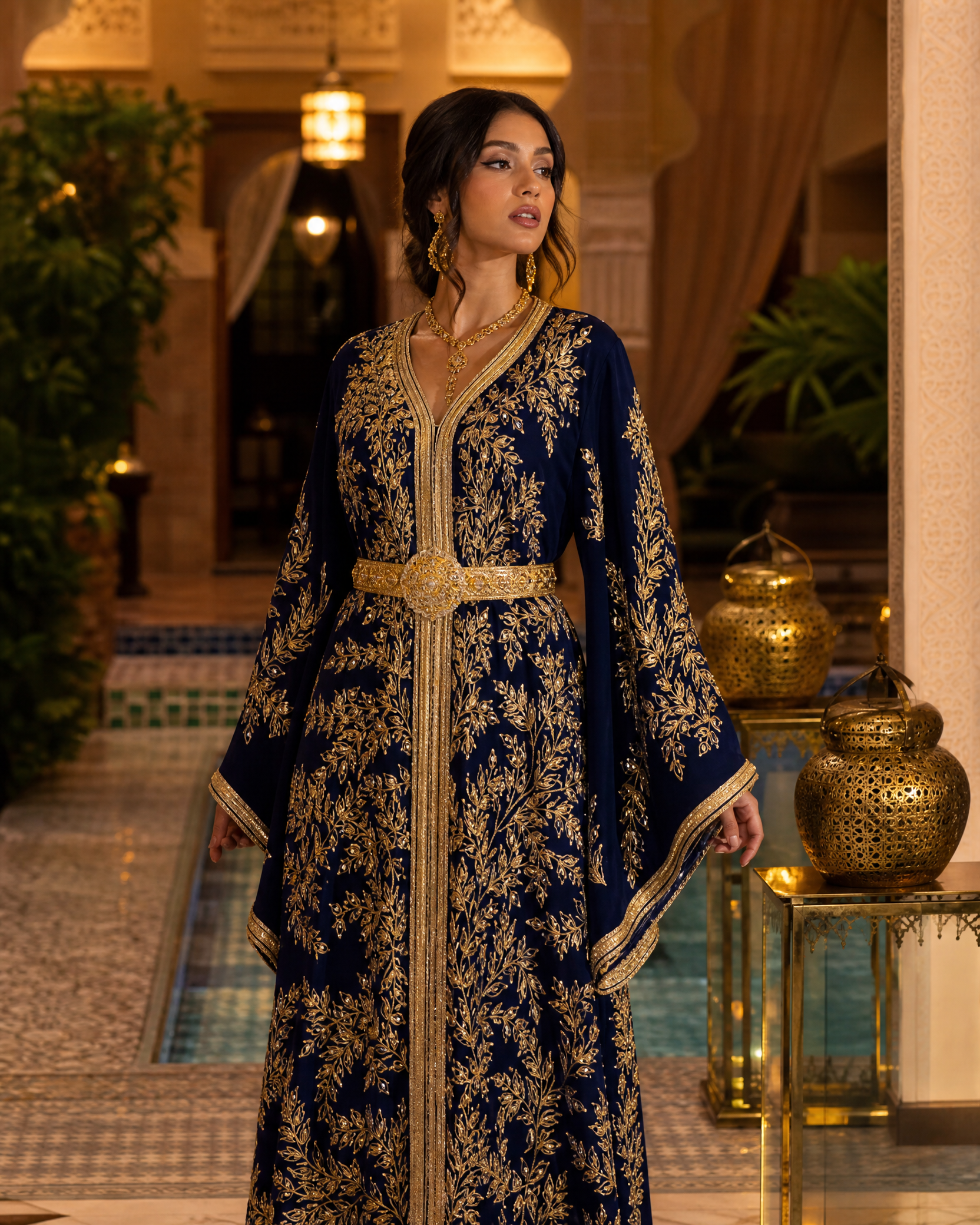 Midnight Bridal Kaftan — Moroccan Navy Velvet with Dense Gold Embroidery