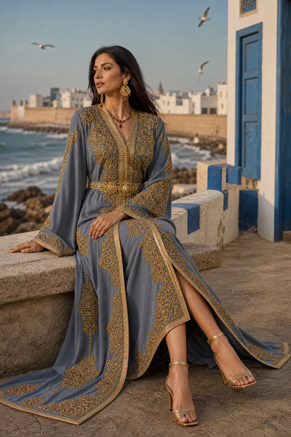 Slate Blue Royal Takchita — Handmade Moroccan Bridal Kaftan