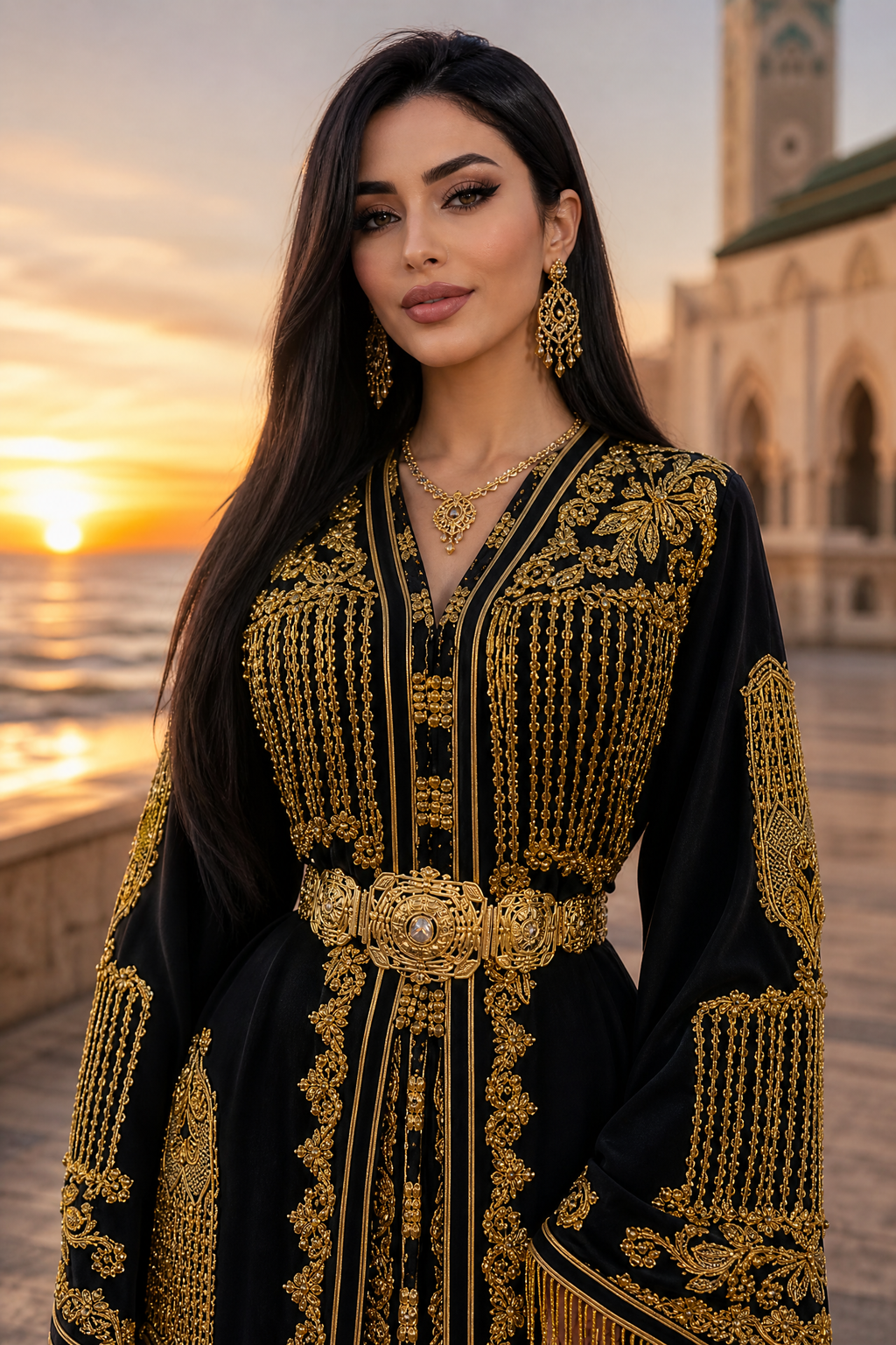 Black Tassel Kaftan — Moroccan Black Velvet with Gold Fringe & Bead Embroidery