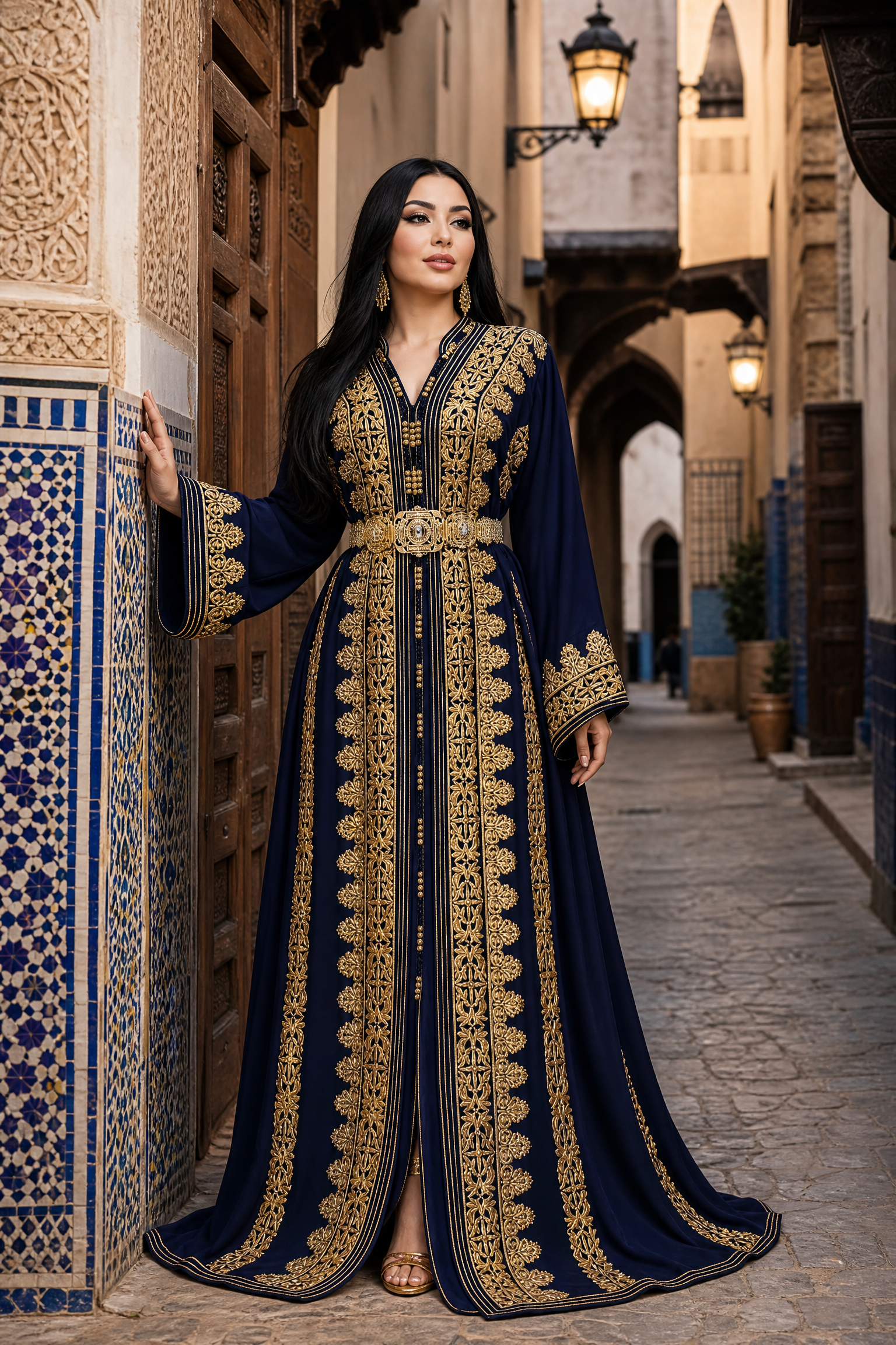 Midnight Navy Kaftan — Moroccan Blue Velvet with Gold Floral Embroidery