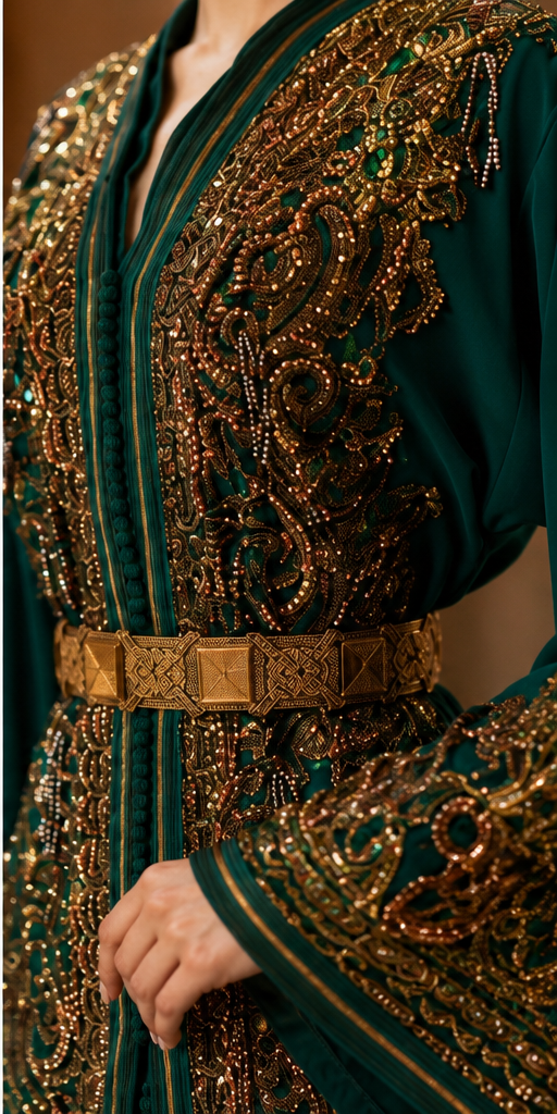 Emerald Palace Kaftan — Moroccan Multi-Color with Gold Arabesque Embroidery