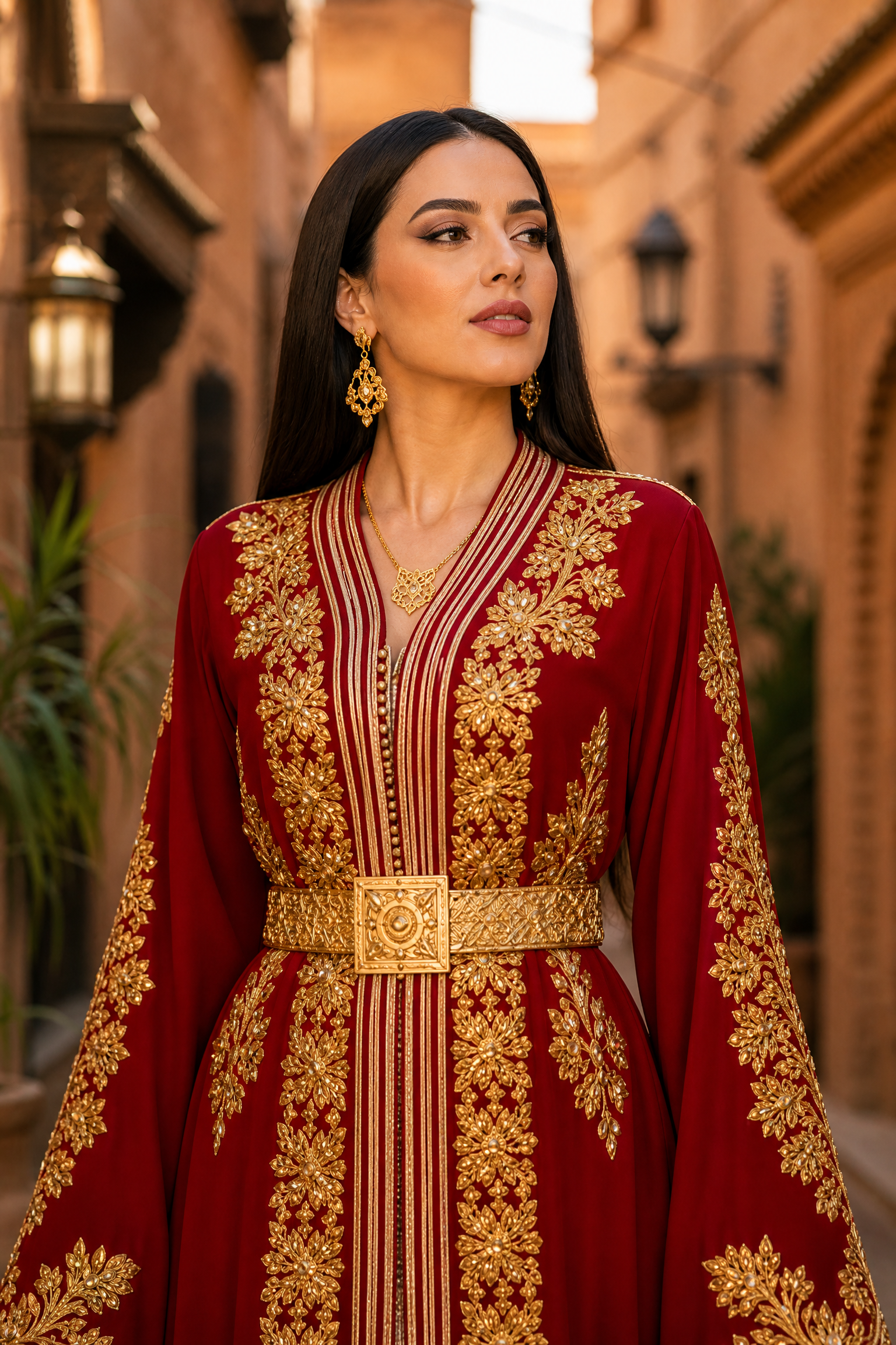 Crimson Stripe Kaftan — Moroccan Red with Gold Leaf Embroidery