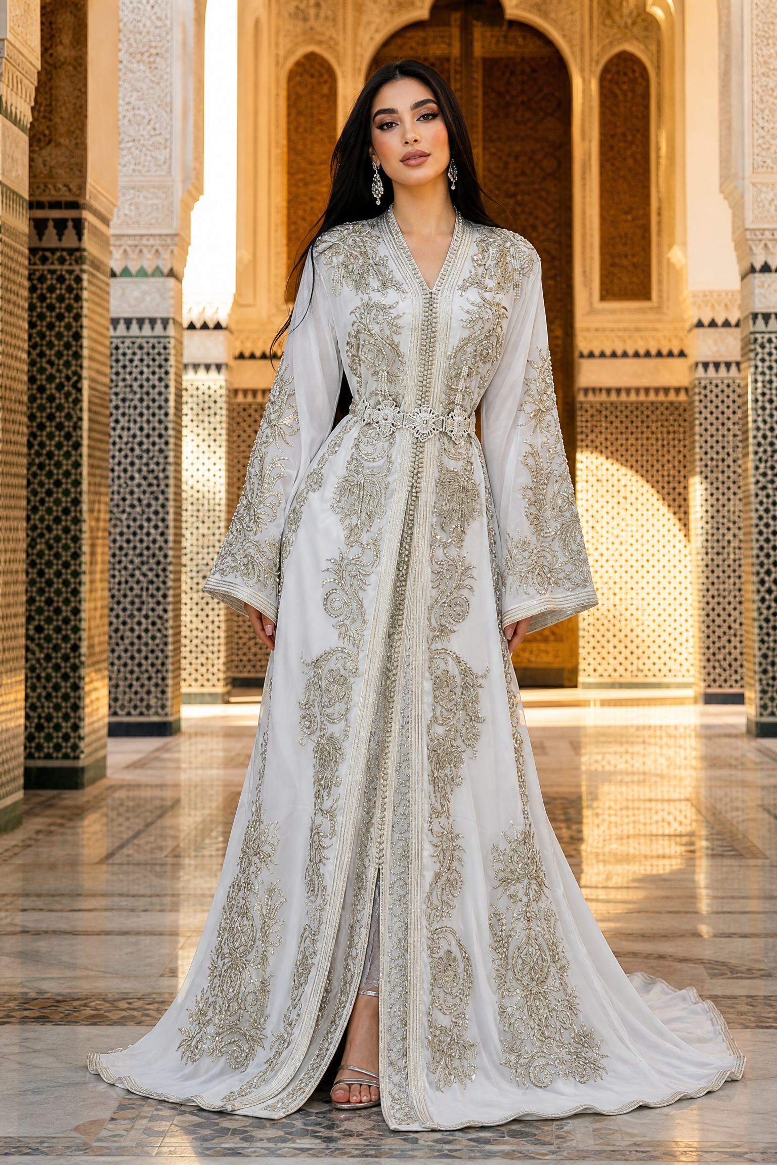 Ivory Palace Kaftan — White Moroccan Bridal with Silver Gold Scroll Embroidery