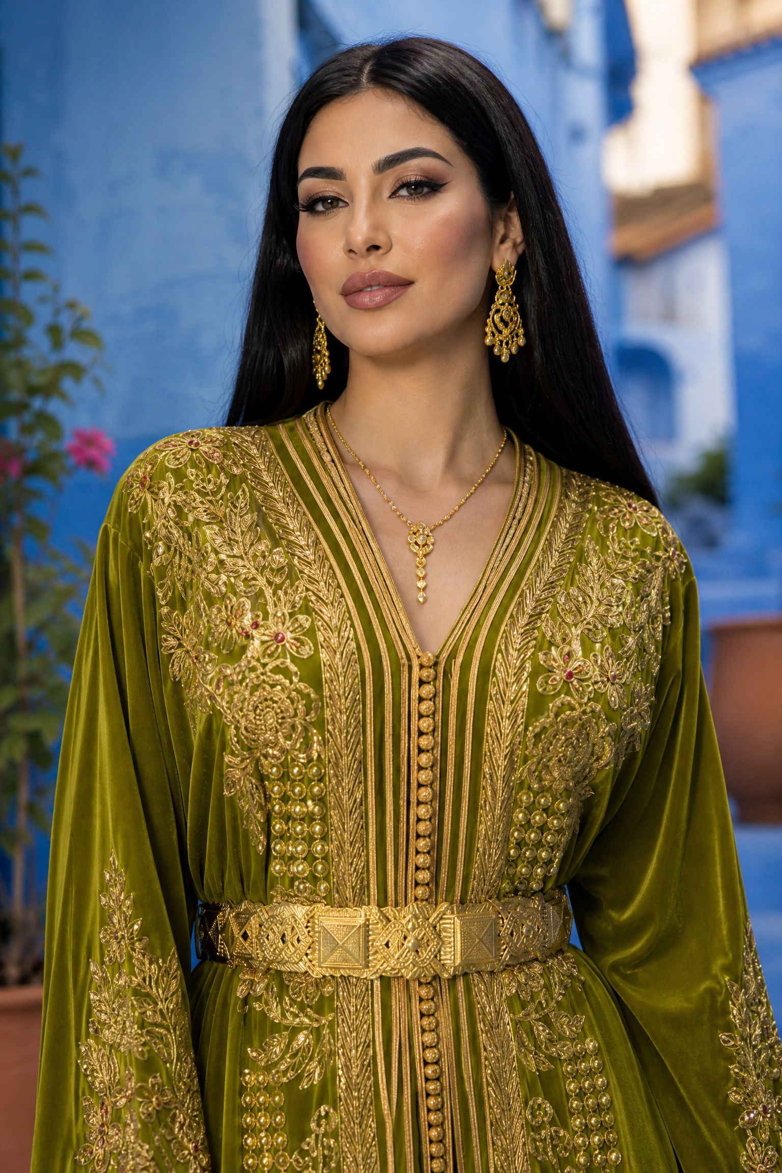 Olive Garden Kaftan — Moroccan Olive Green with Gold Floral & Bead Embroidery