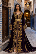 Amethyst Swirl Kaftan — Deep Purple Velvet with Gold Arabesque Embroidery