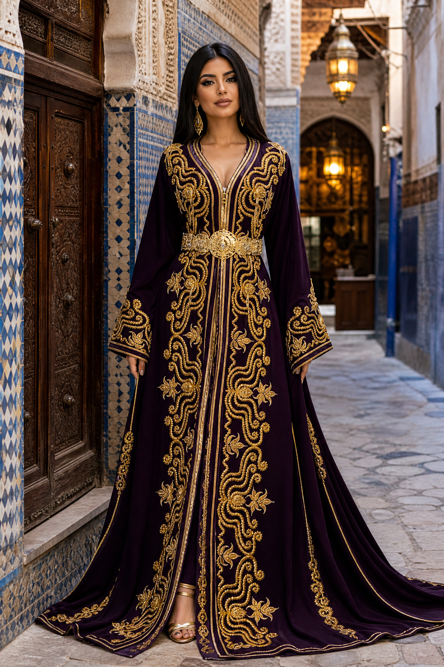 Amethyst Swirl Kaftan — Deep Purple Velvet with Gold Arabesque Embroidery