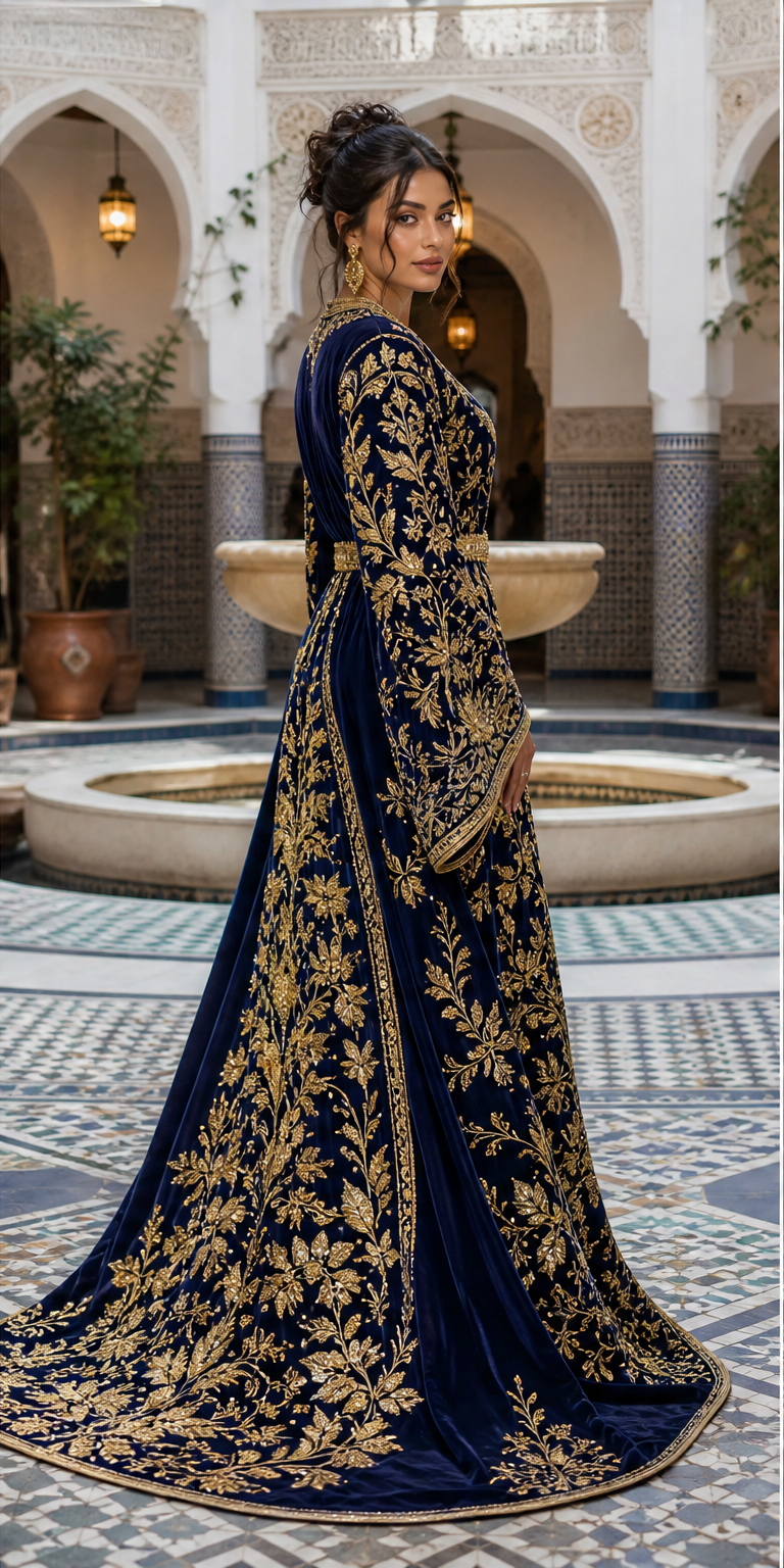 Midnight Bridal Kaftan — Moroccan Navy Velvet with Dense Gold Embroidery