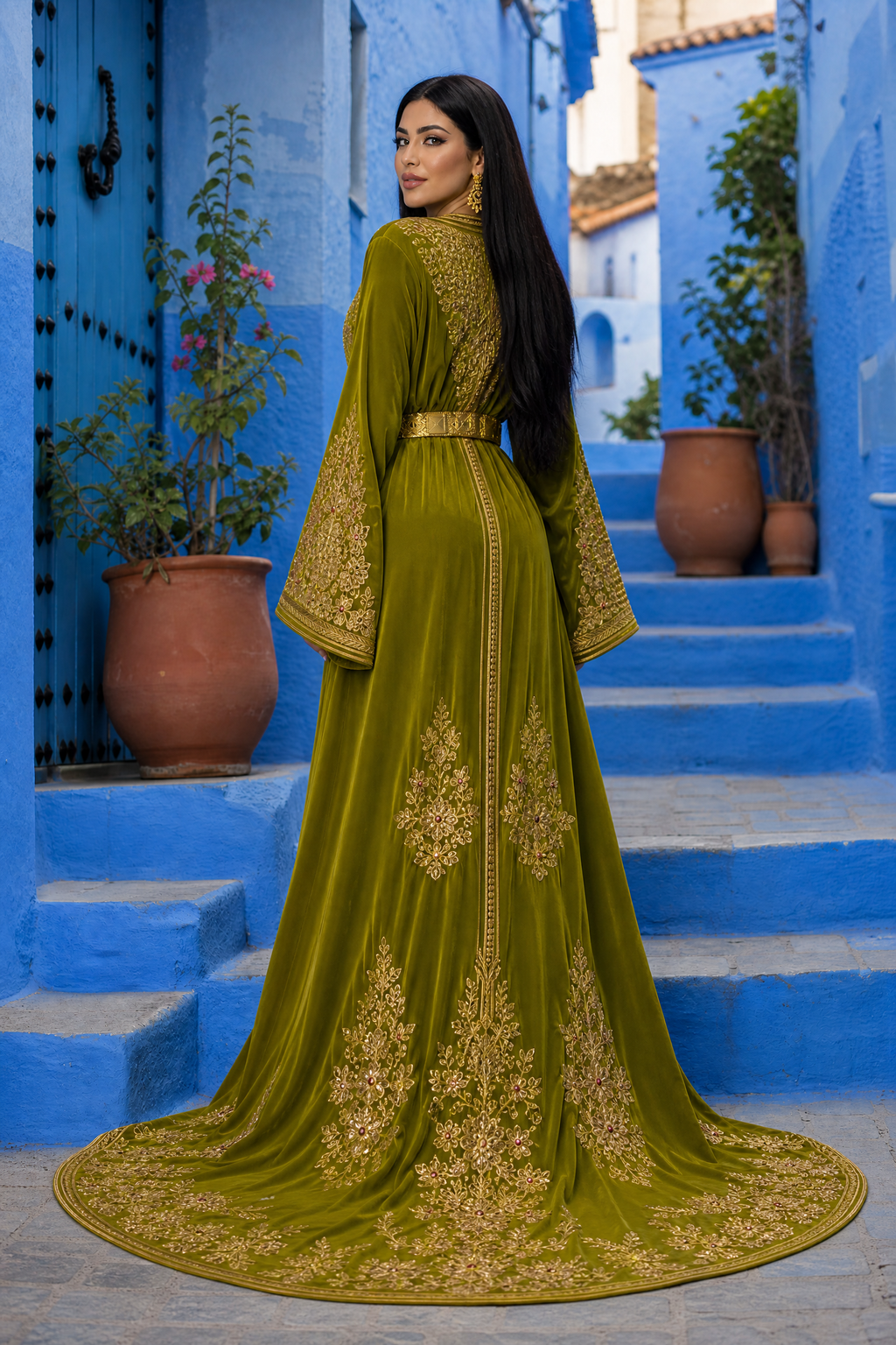 Olive Garden Kaftan — Moroccan Olive Green with Gold Floral & Bead Embroidery