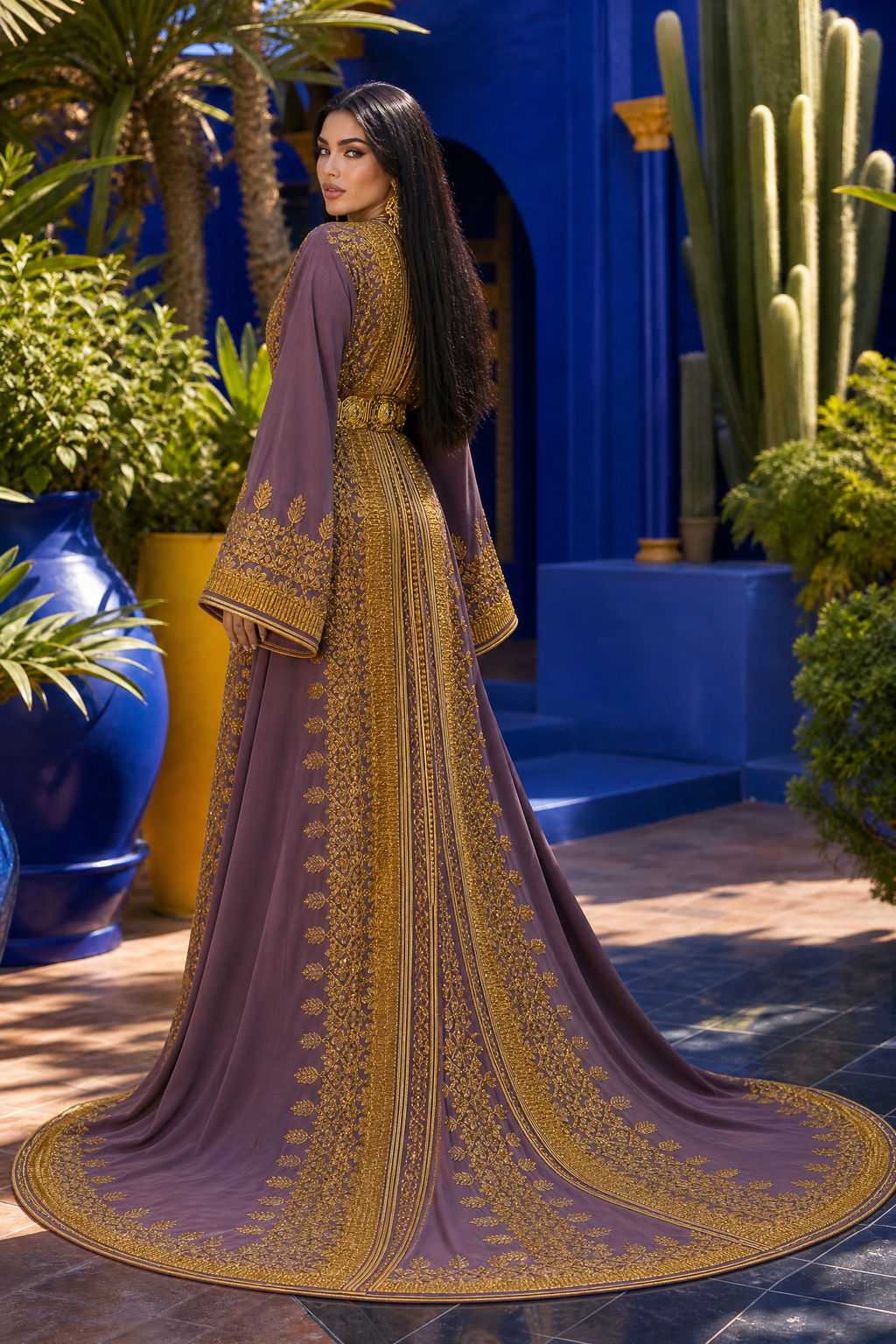 Mauve Royale Kaftan — Dusty Purple with Heavy Gold Arabesque Embroidery