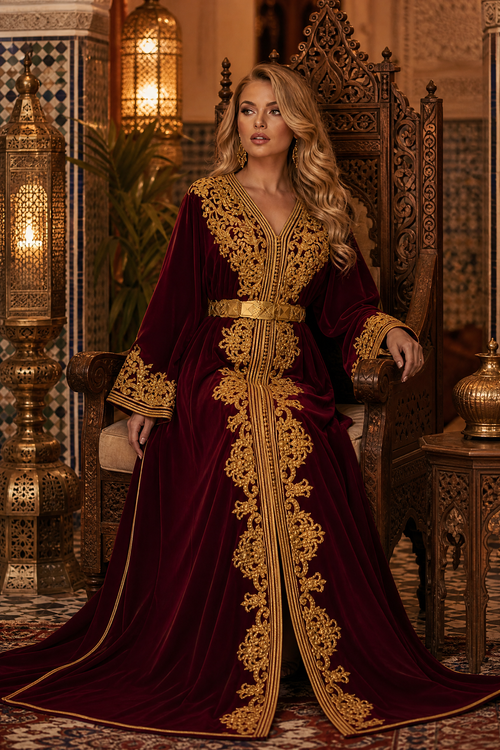 Midnight Burgundy Kaftan — Handmade Moroccan Bridal Takchita