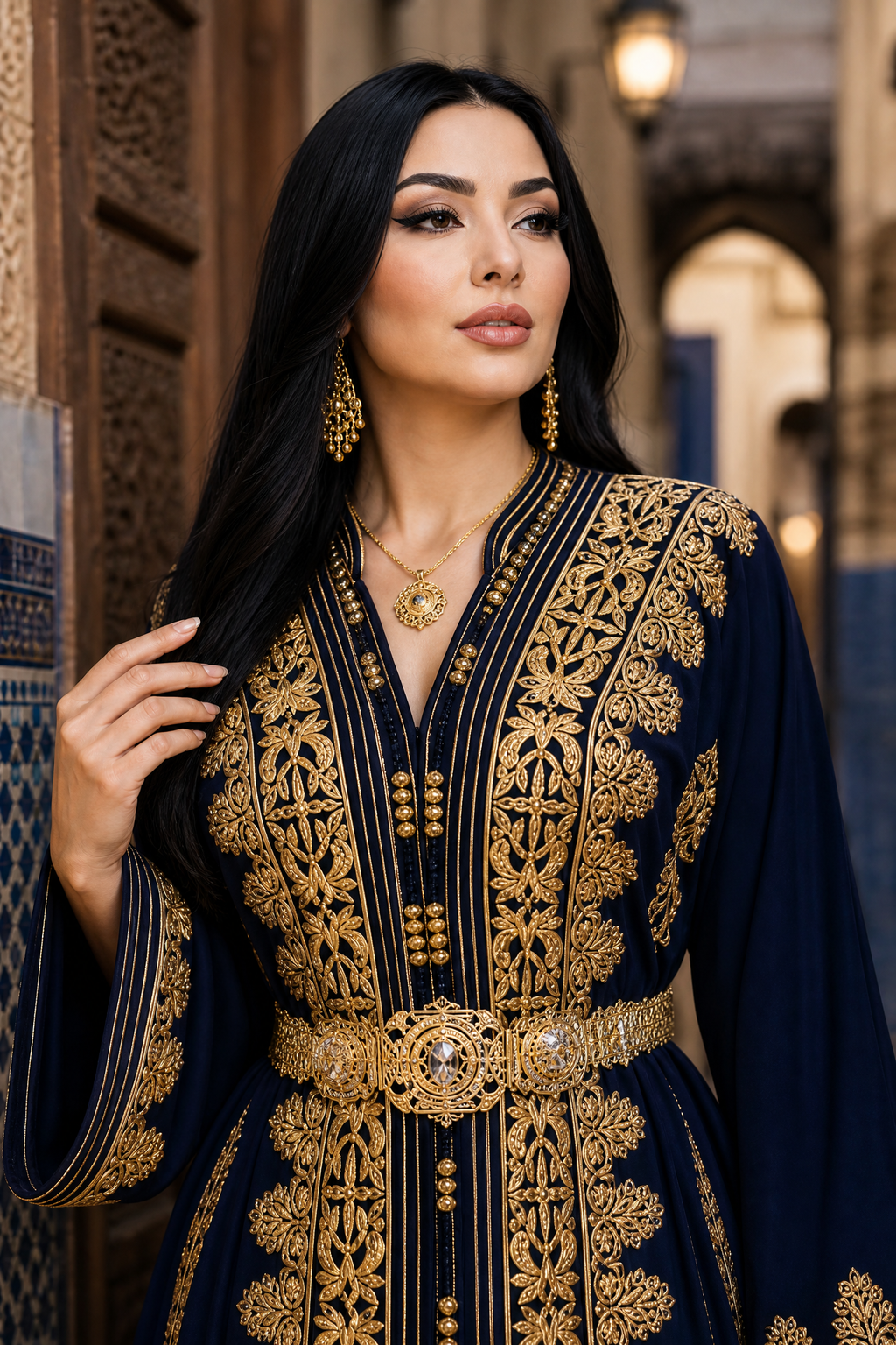 Midnight Navy Kaftan — Moroccan Blue Velvet with Gold Floral Embroidery