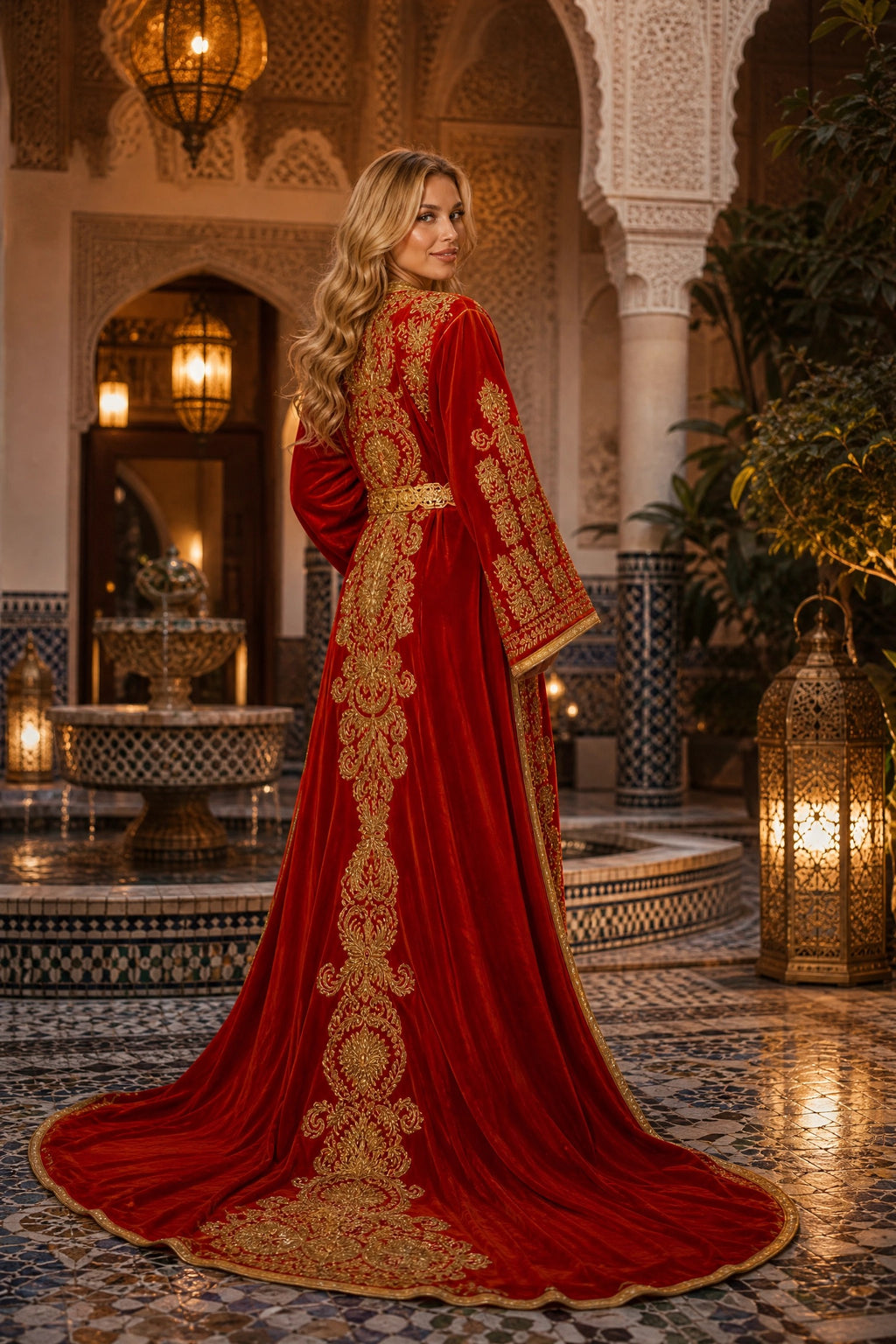 Royal Red Velvet Kaftan — Handmade Moroccan Bridal Takchita
