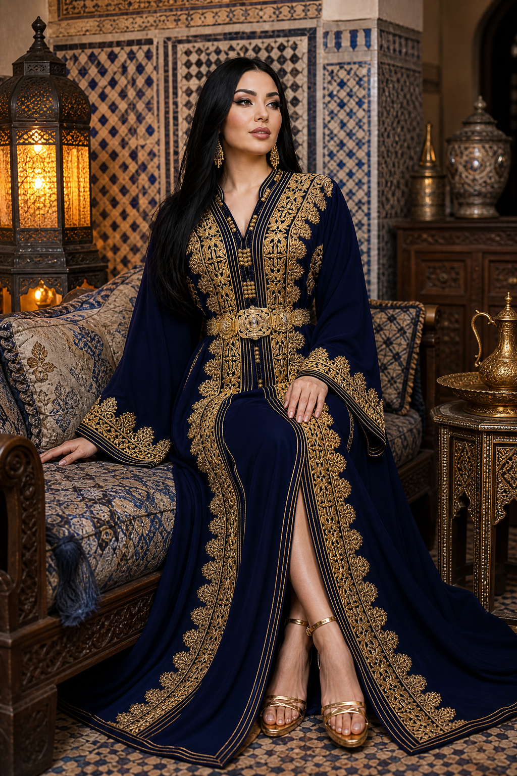 Midnight Navy Kaftan — Moroccan Blue Velvet with Gold Floral Embroidery