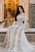 Ivory Palace Kaftan — White Moroccan Bridal with Silver Gold Scroll Embroidery