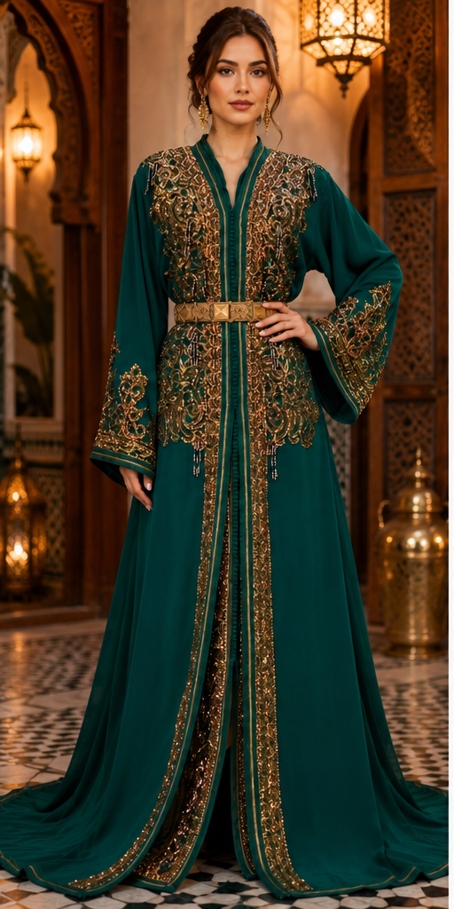 Emerald Palace Kaftan — Moroccan Multi-Color with Gold Arabesque Embroidery