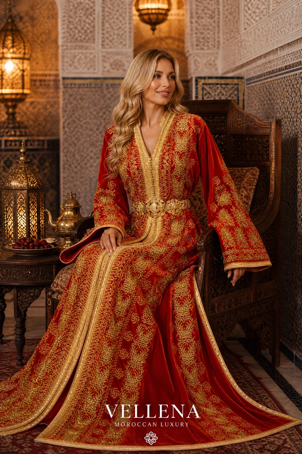 Royal Red Velvet Kaftan — Handmade Moroccan Bridal Takchita
