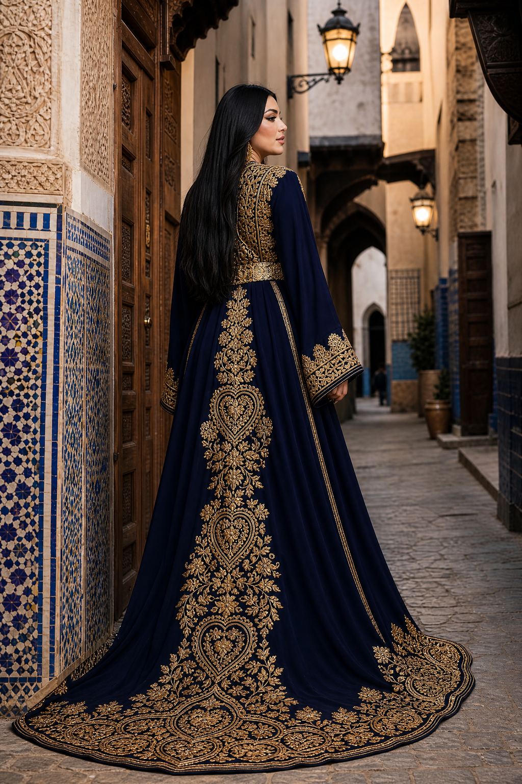 Midnight Navy Kaftan — Moroccan Blue Velvet with Gold Floral Embroidery
