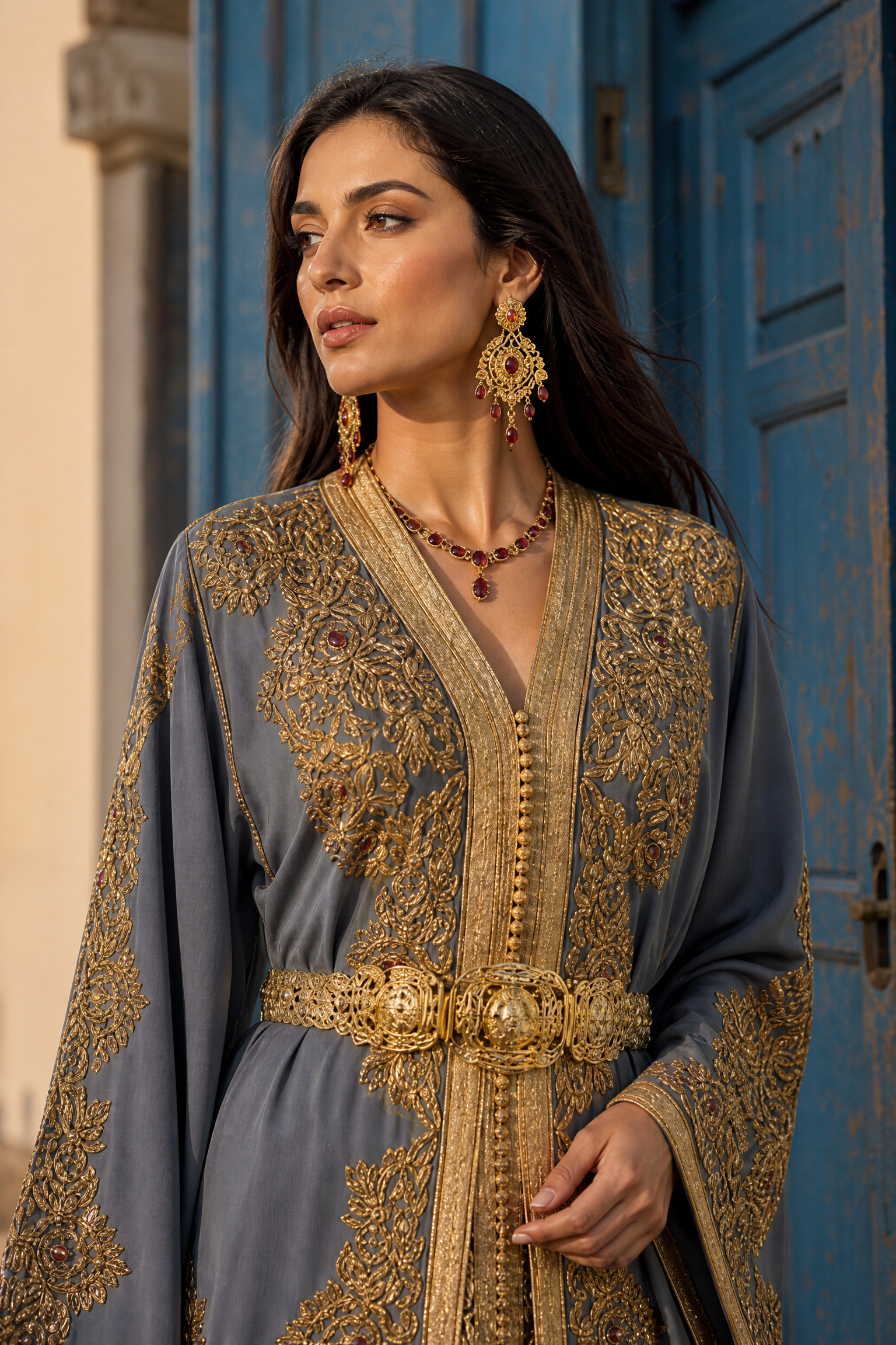 Slate Blue Royal Takchita — Handmade Moroccan Bridal Kaftan
