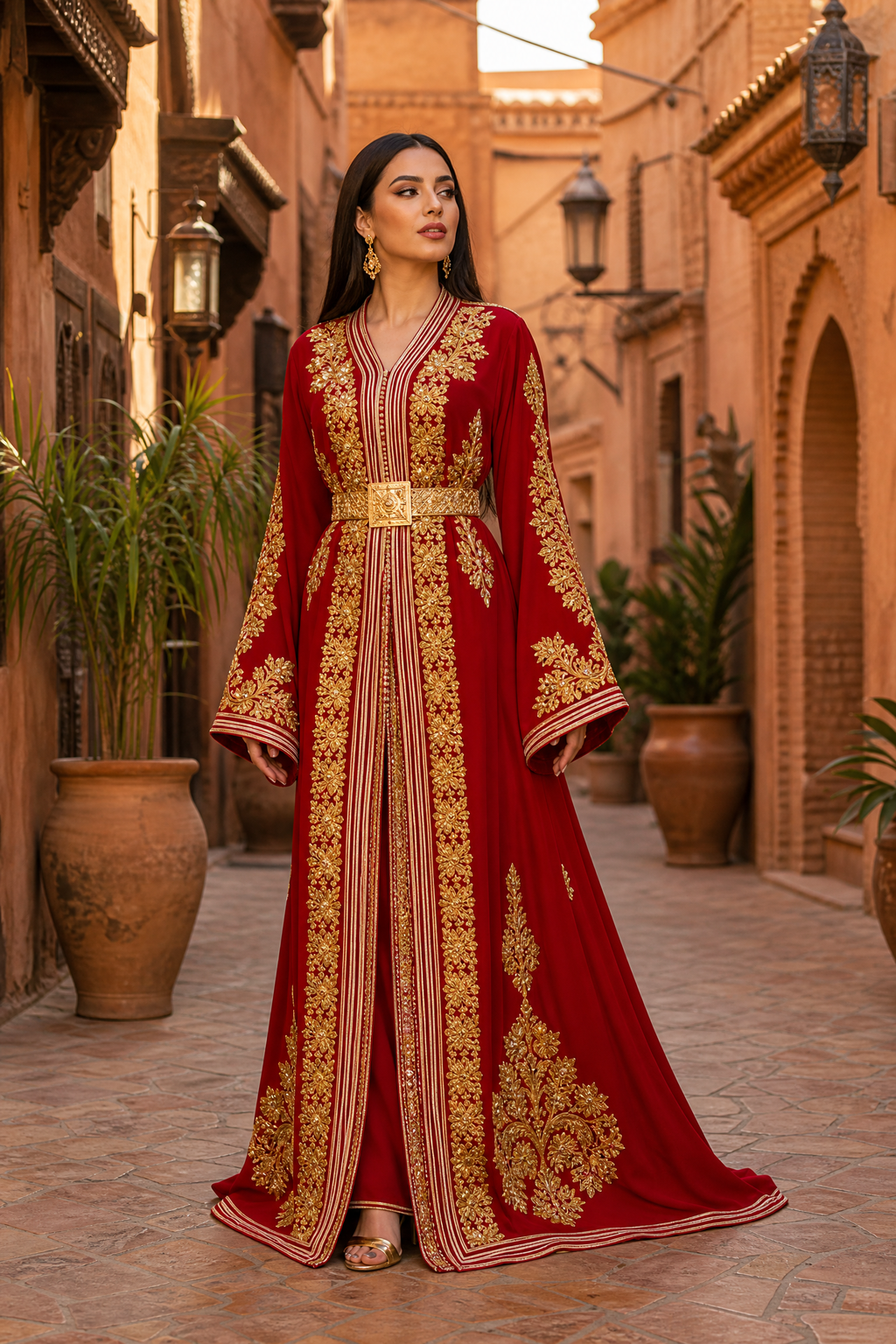 Crimson Stripe Kaftan — Moroccan Red with Gold Leaf Embroidery