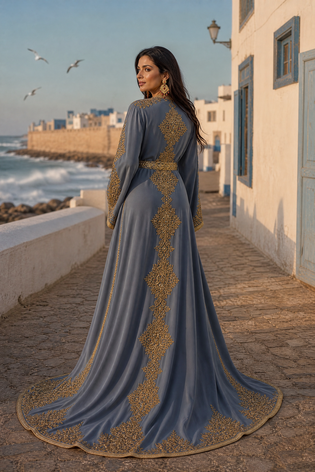 Slate Blue Royal Takchita — Handmade Moroccan Bridal Kaftan
