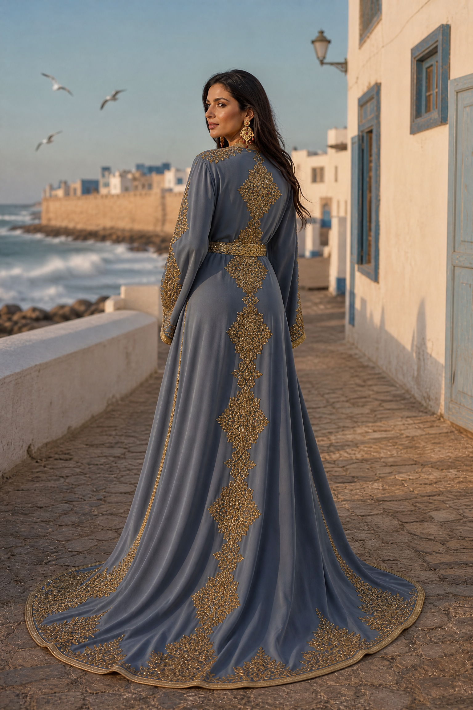 Slate Blue Royal Takchita — Handmade Moroccan Bridal Kaftan