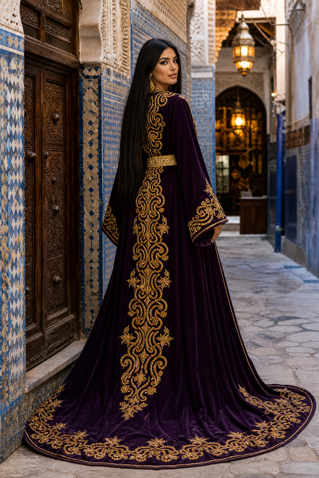 Amethyst Swirl Kaftan — Deep Purple Velvet with Gold Arabesque Embroidery
