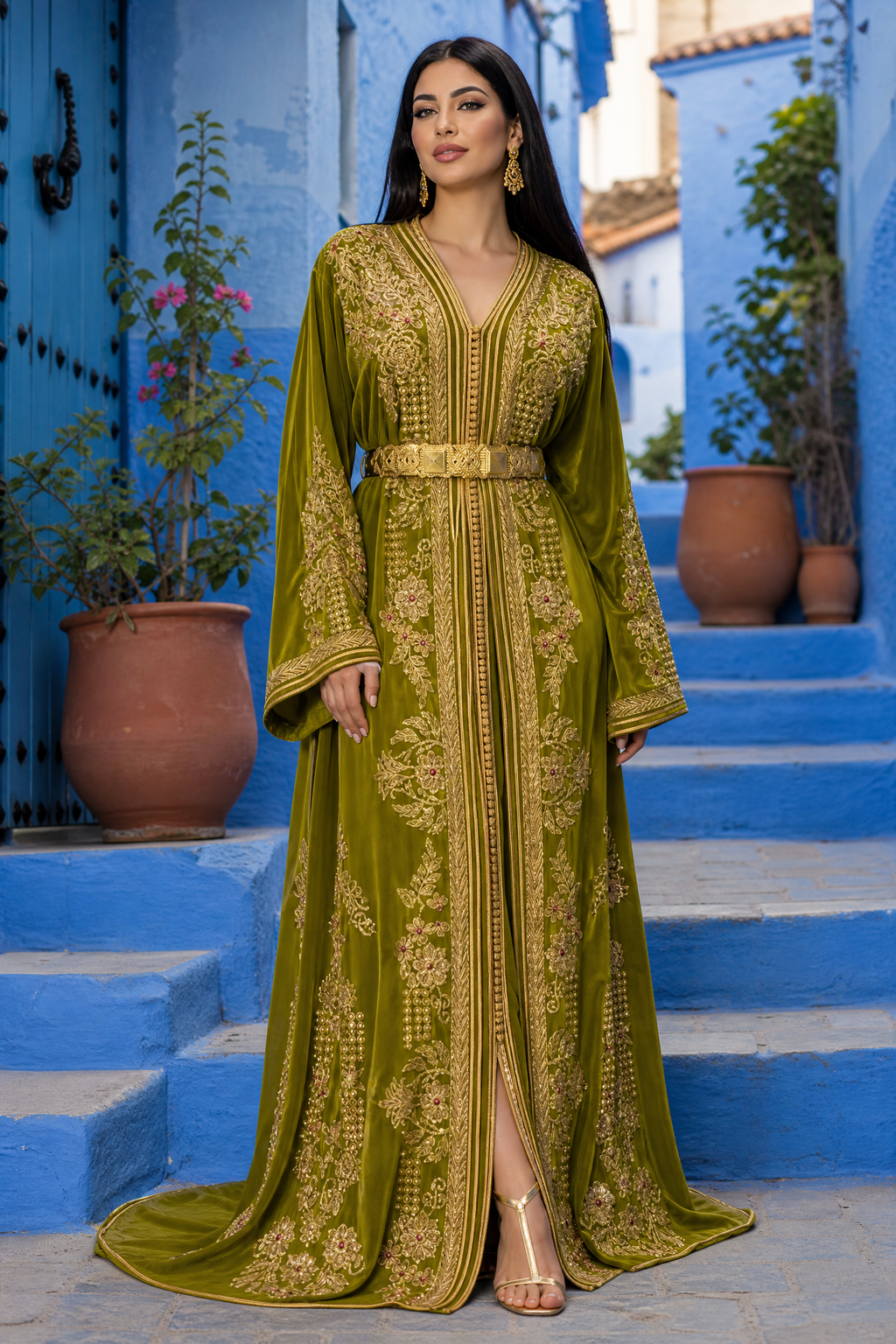 Olive Garden Kaftan — Moroccan Olive Green with Gold Floral & Bead Embroidery