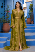 Olive Garden Kaftan — Moroccan Olive Green with Gold Floral & Bead Embroidery