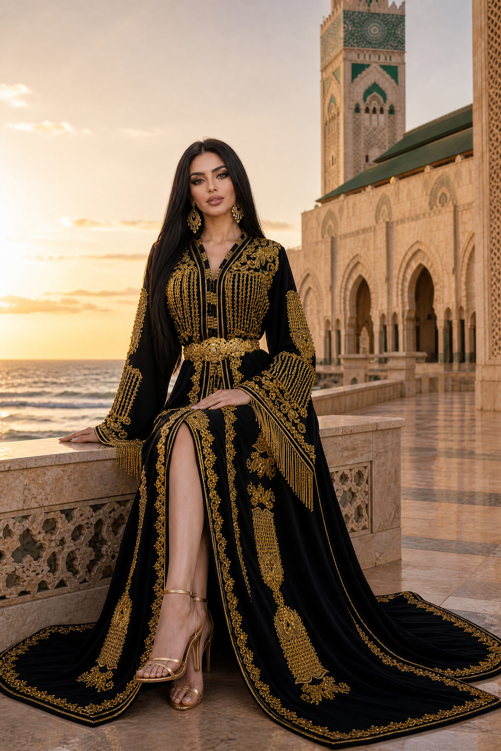 Black Tassel Kaftan — Moroccan Black Velvet with Gold Fringe & Bead Embroidery