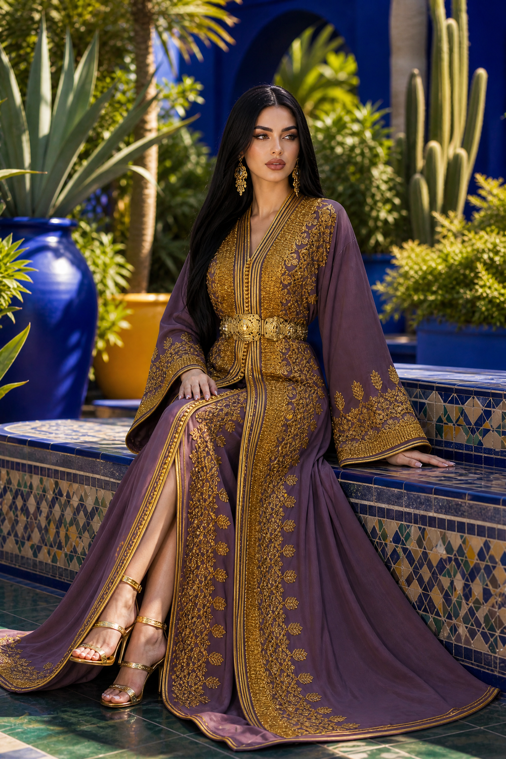 Mauve Royale Kaftan — Dusty Purple with Heavy Gold Arabesque Embroidery