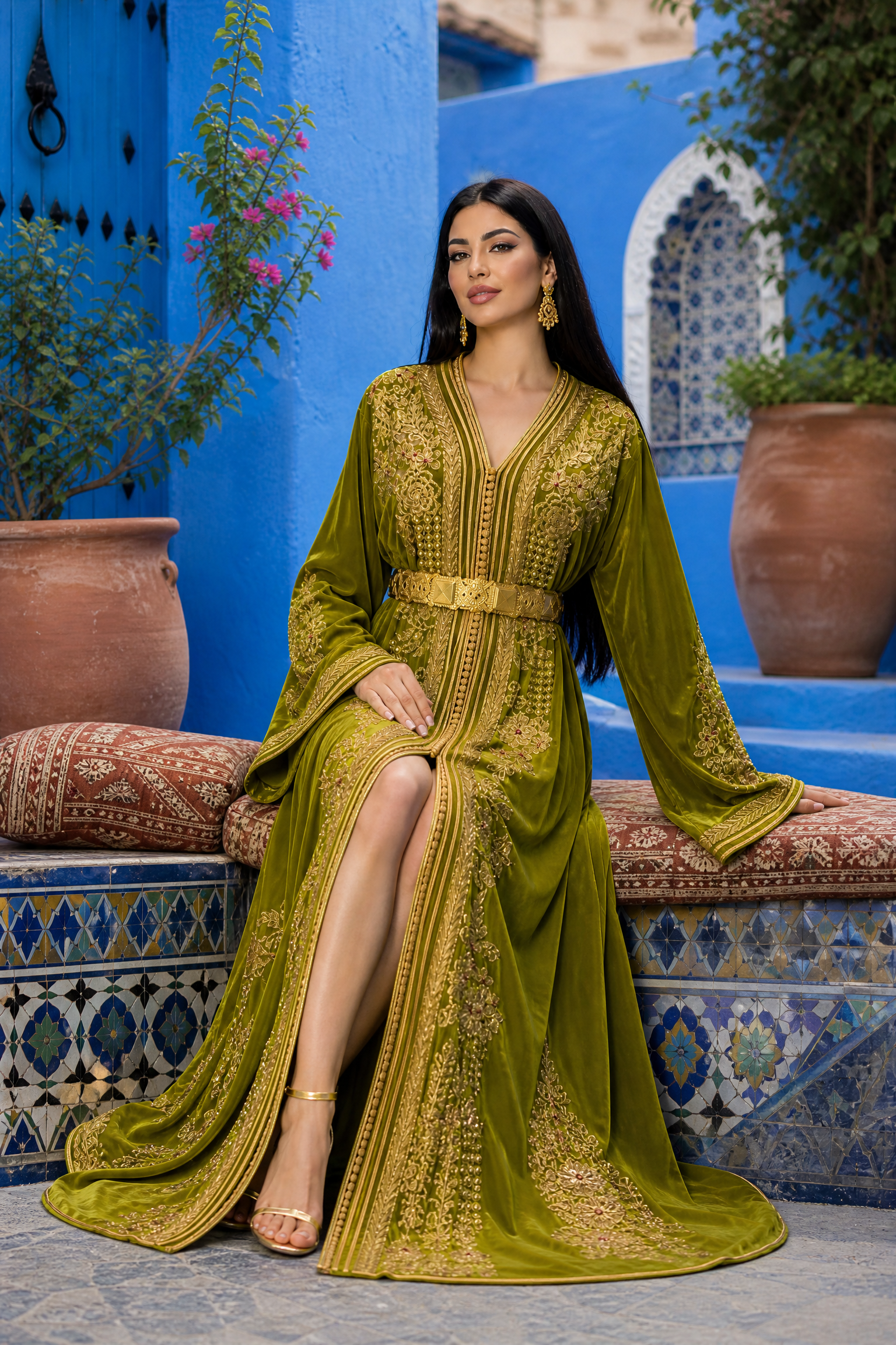 Olive Garden Kaftan — Moroccan Olive Green with Gold Floral & Bead Embroidery
